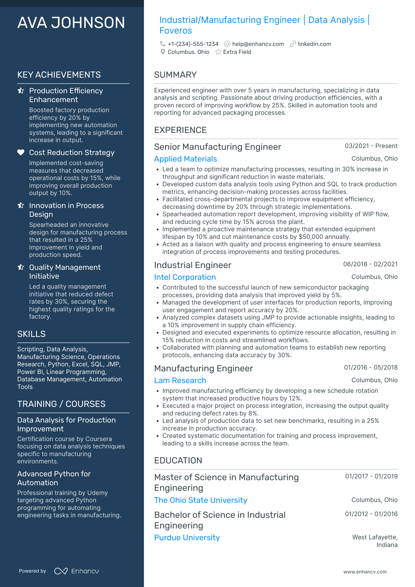 Manufacturing Industrial Engineer Resume Example