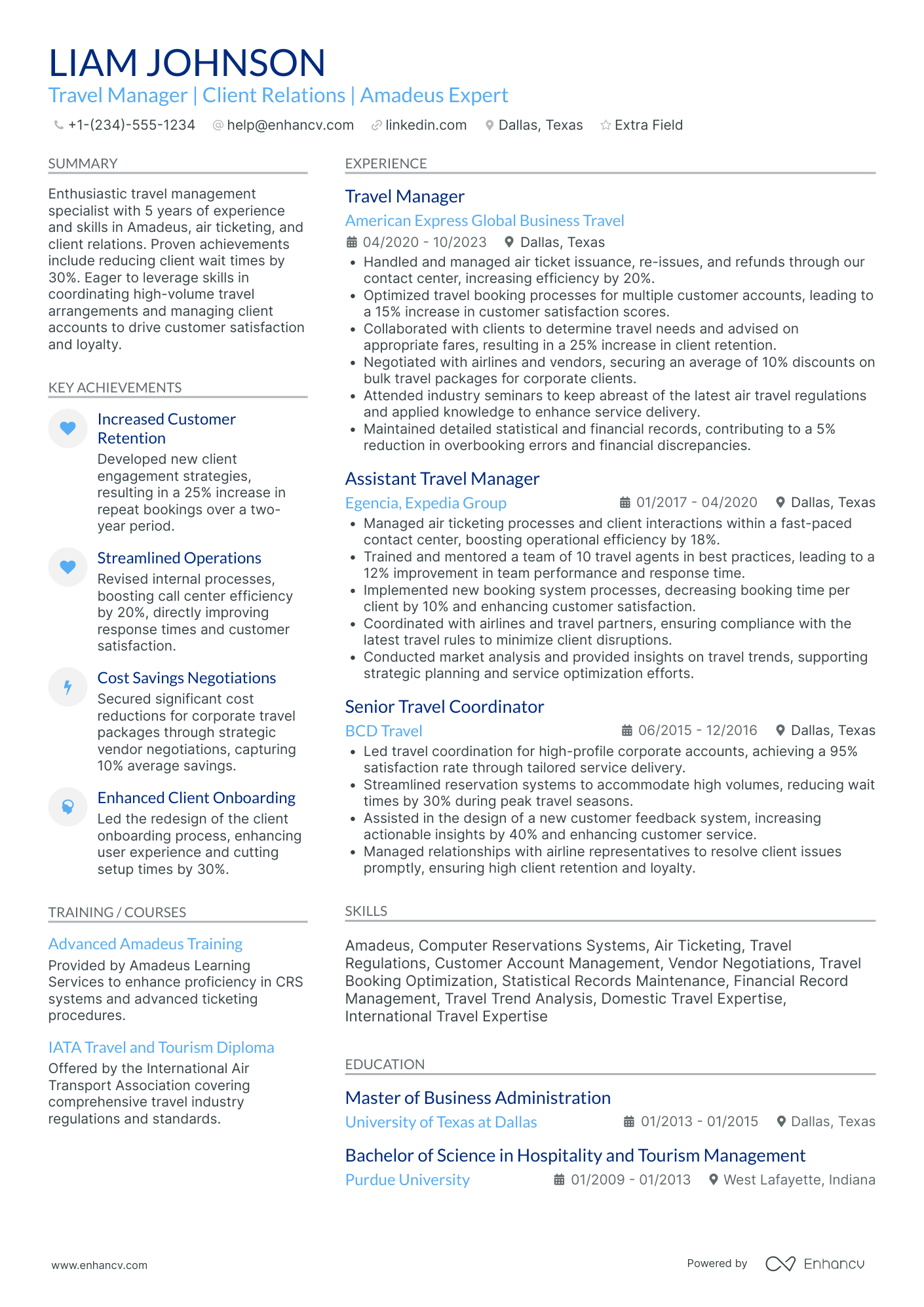 Travel Consultant Manager Resume Example