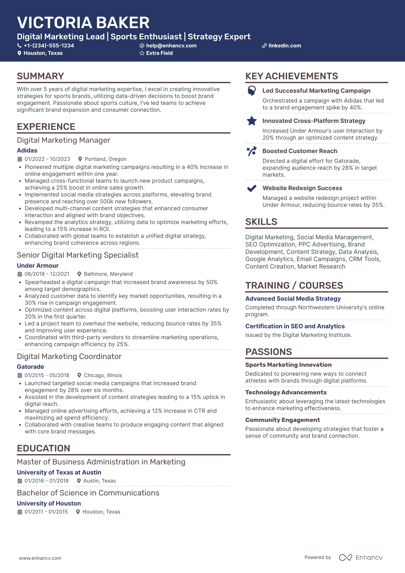 Athlete Marketing Manager Resume Example