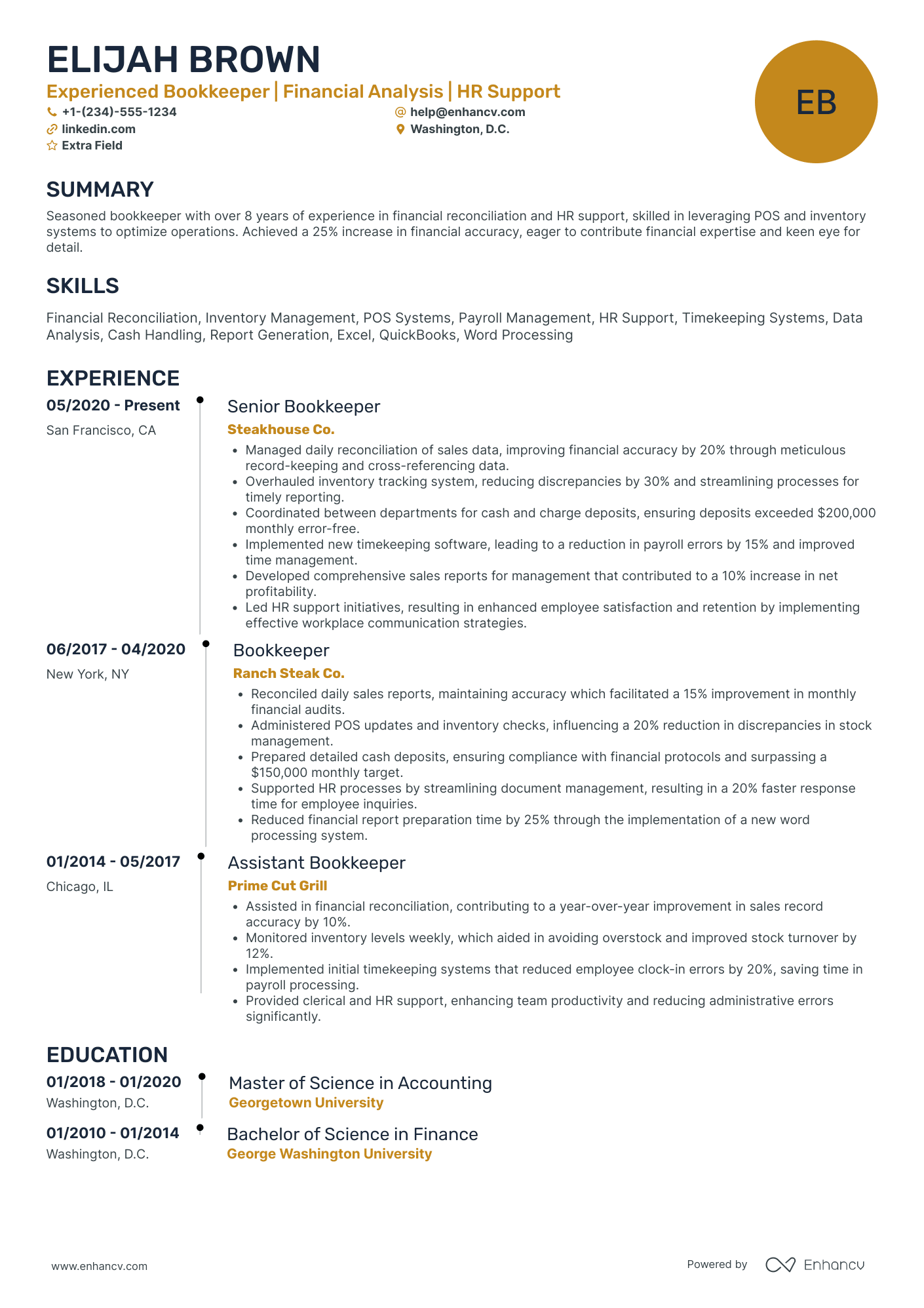 Bookkeeper Manager Resume Example