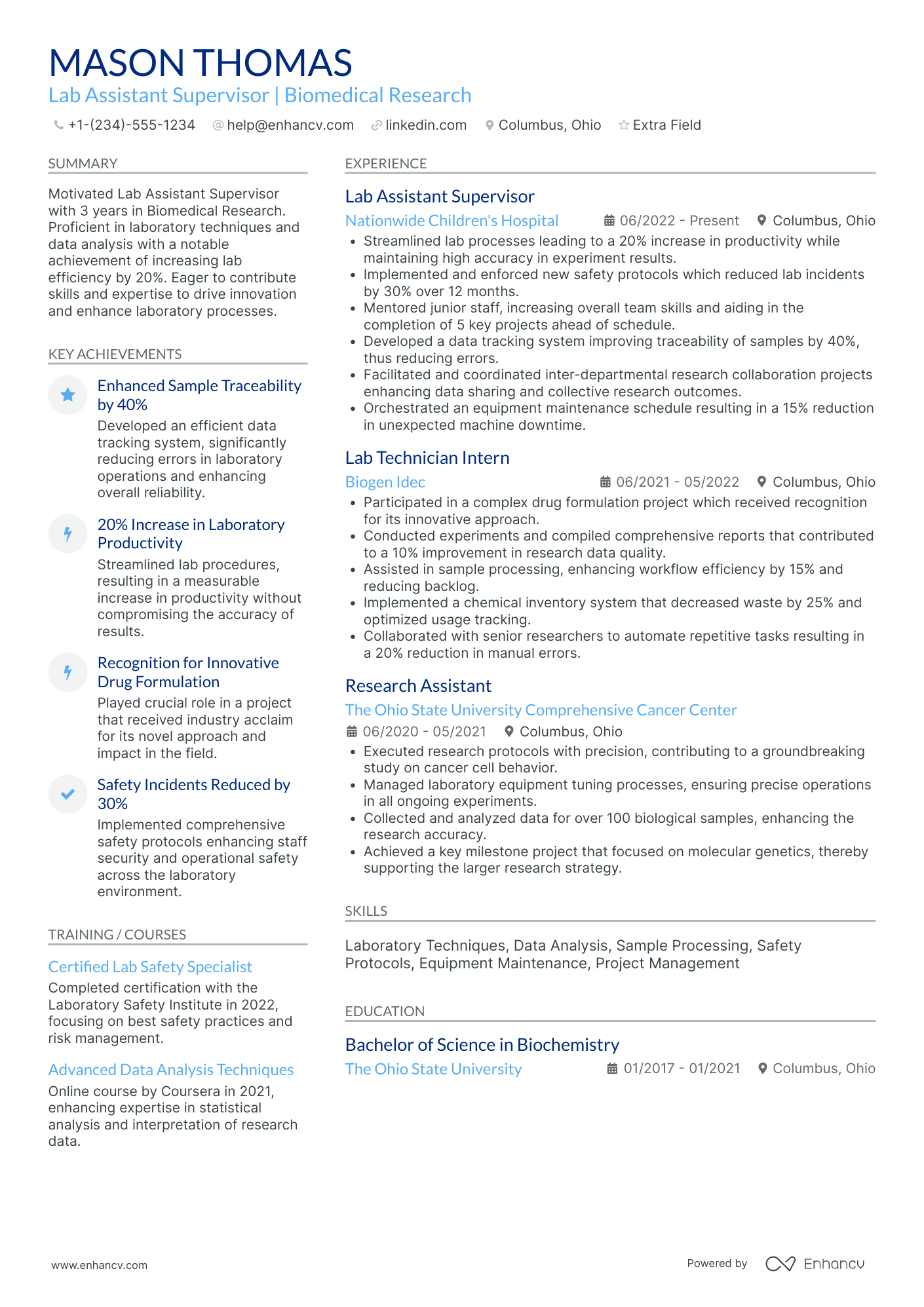 Lab Assistant Supervisor Resume Example