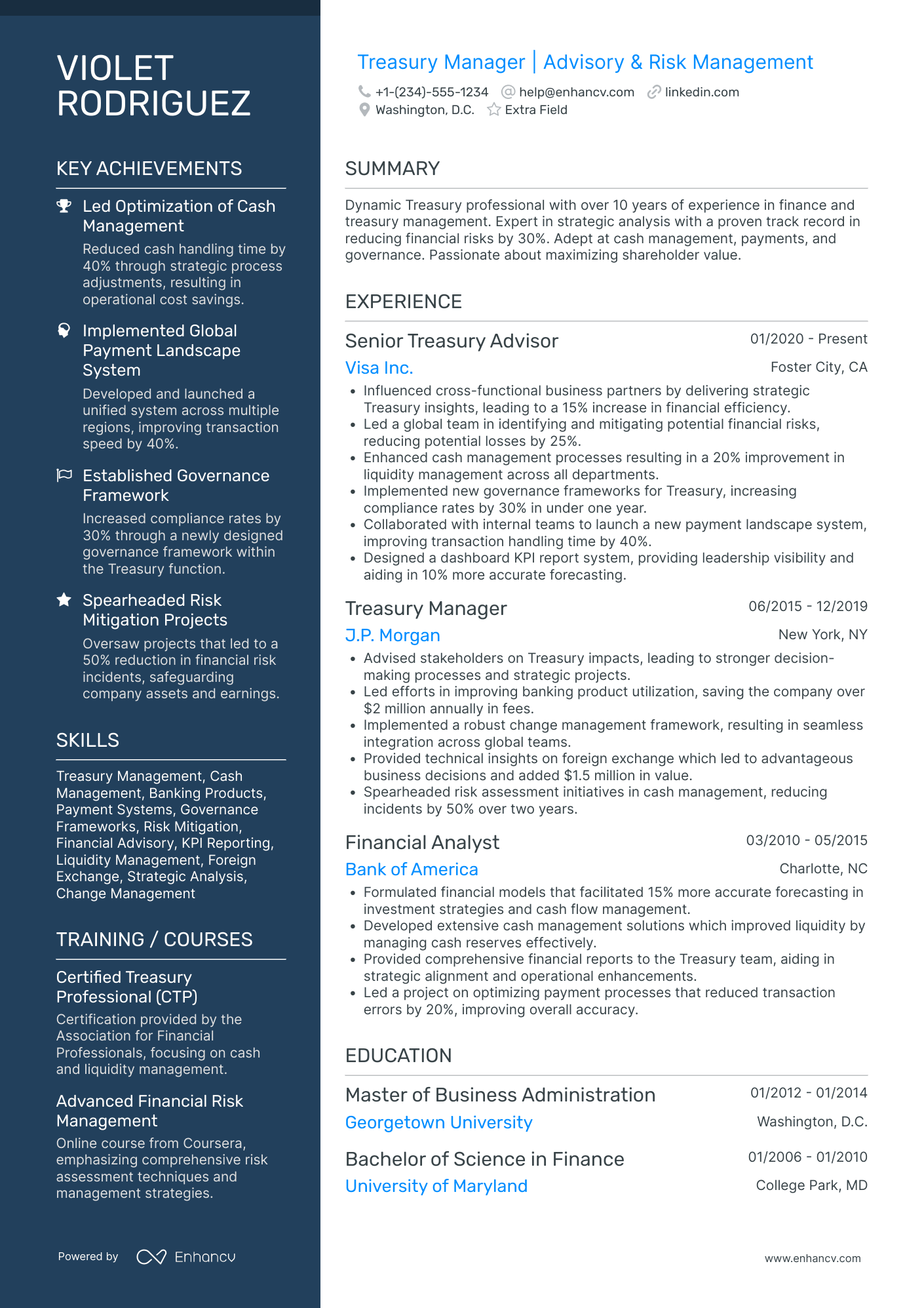 Bank Treasury Manager Resume Example