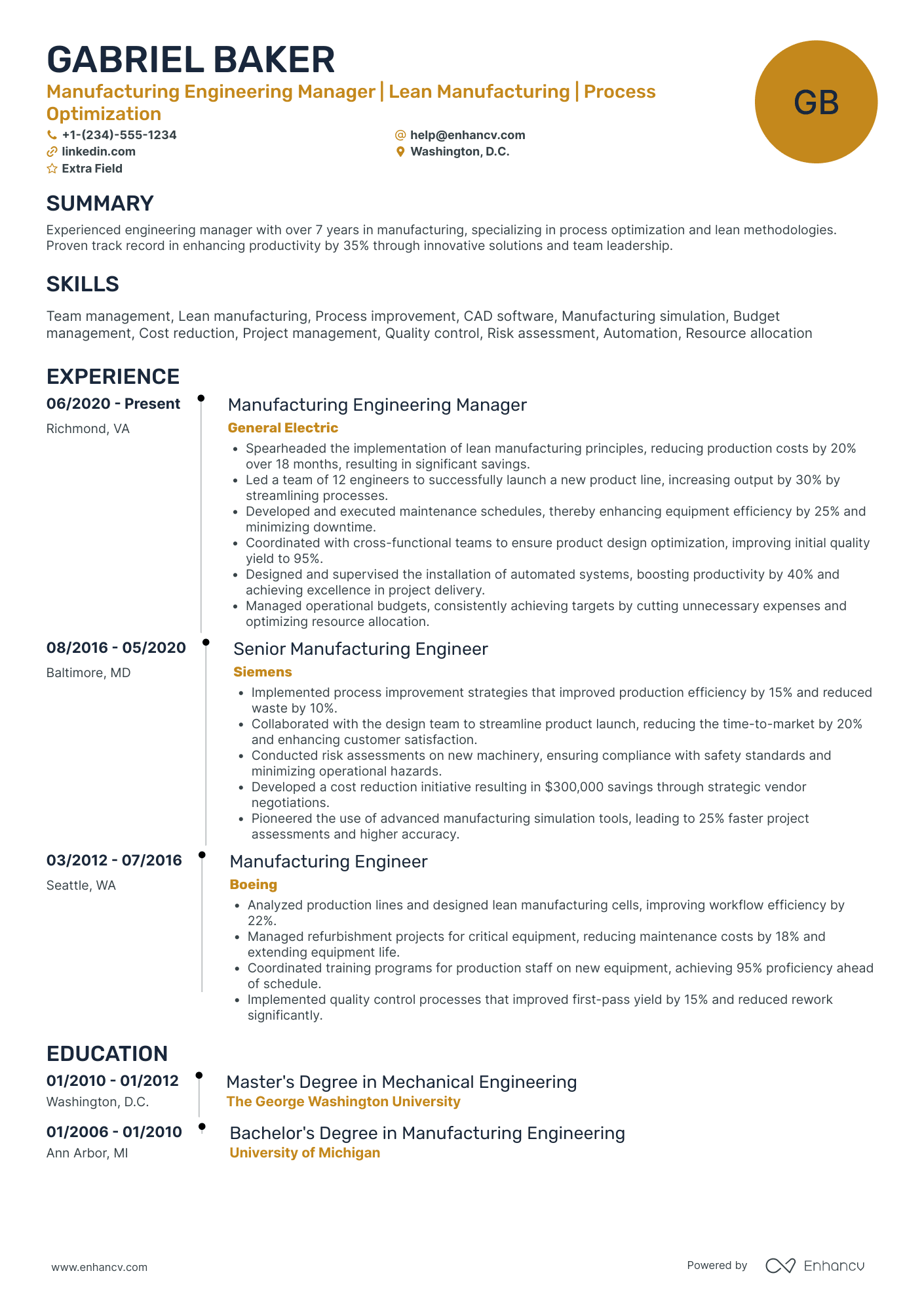 Manufacturing Engineering Manager Resume Example