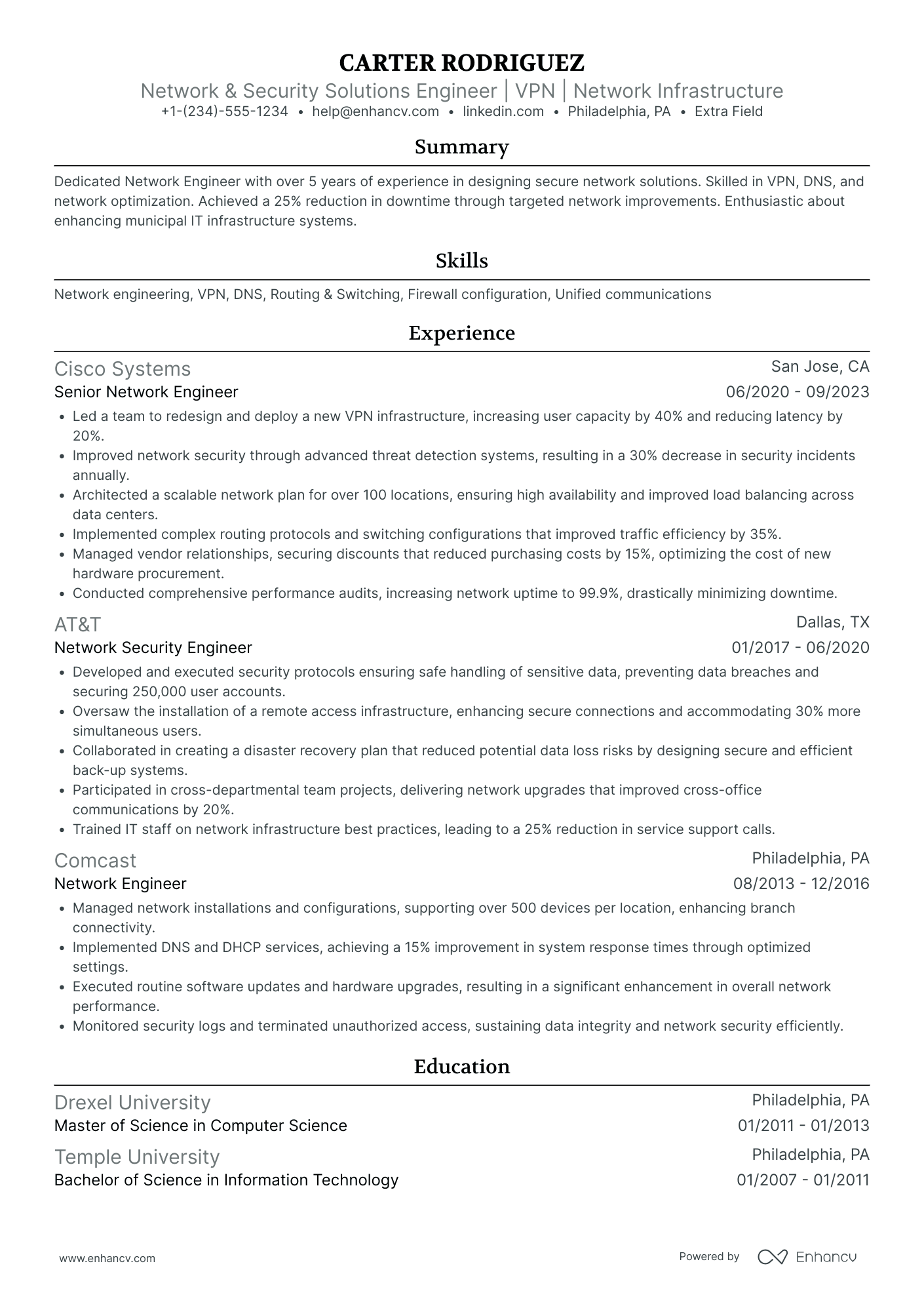 Network Solutions Engineer Resume Example