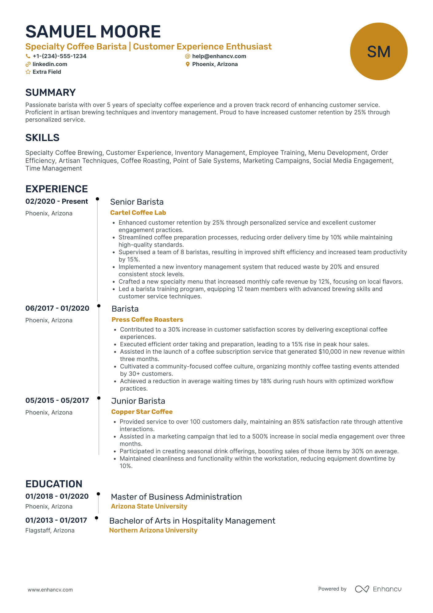 Specialty Coffee Barista Resume Example