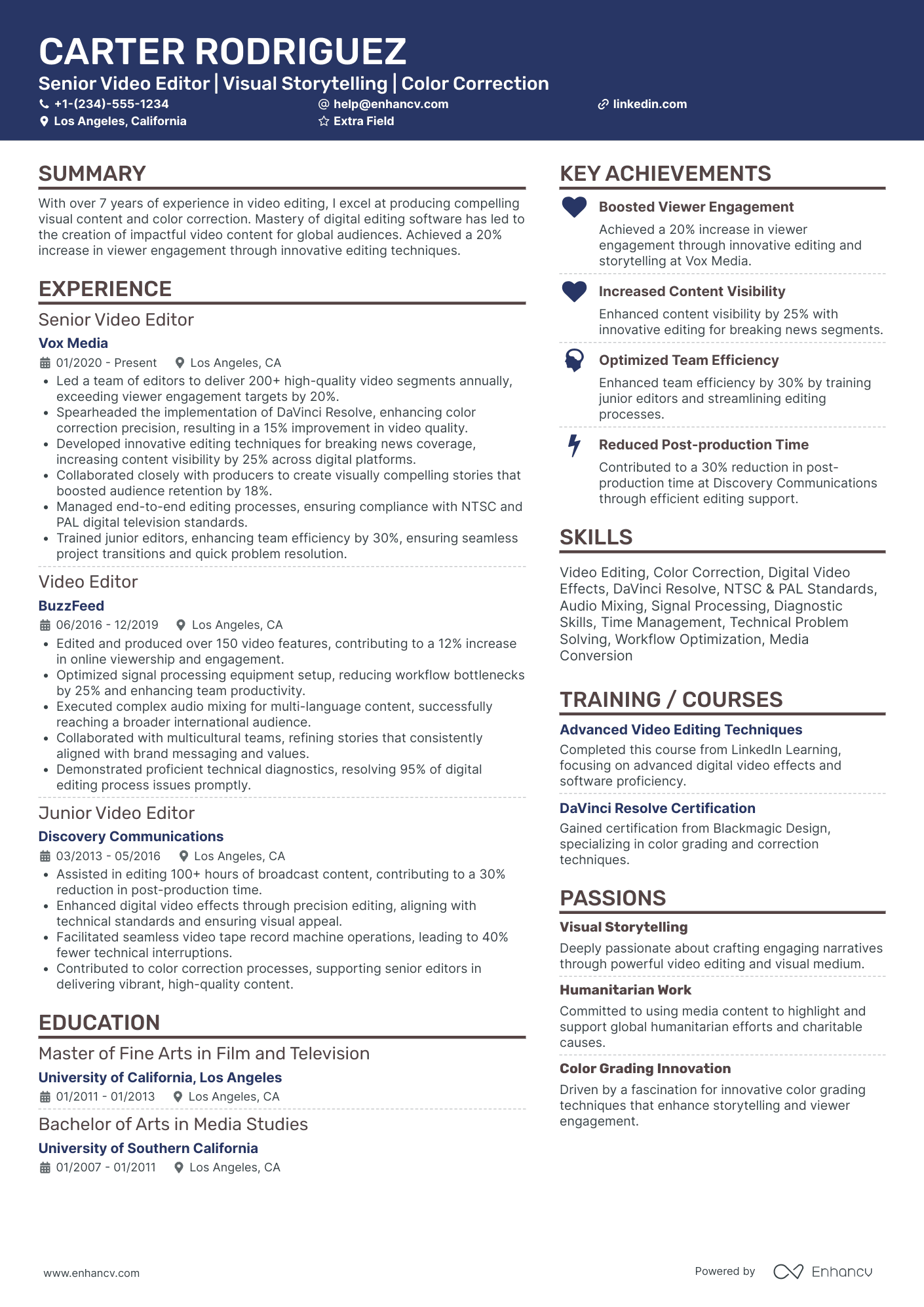 Senior Video Editor Resume Example