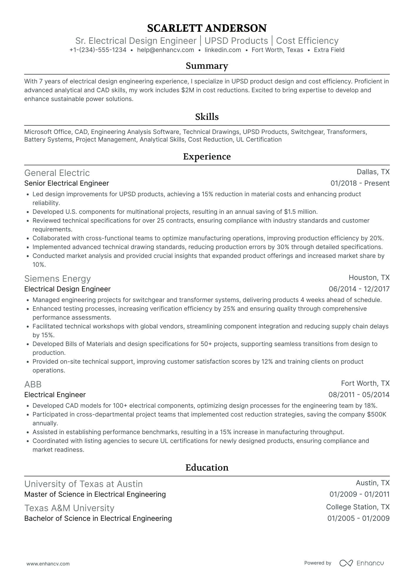 Electrical Engineering Design Lead Resume Example