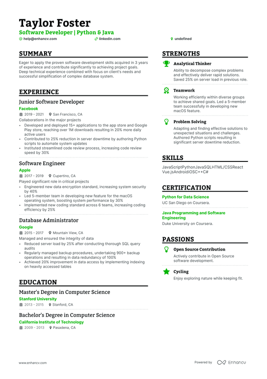 Entry Level Computer Science Resume Example