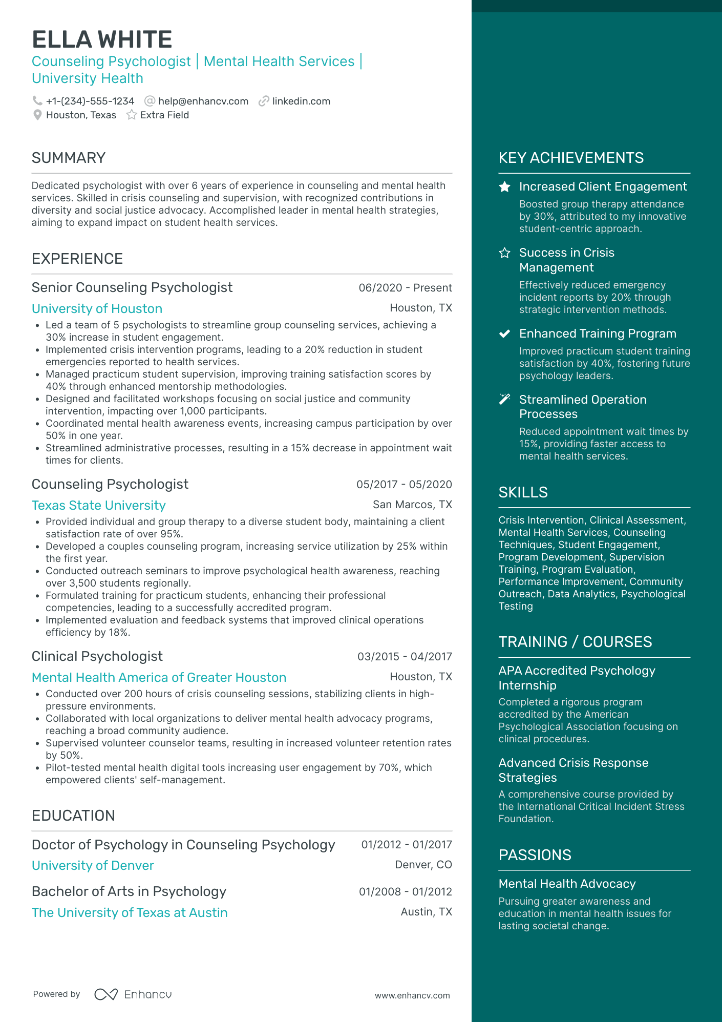 Counseling Psychologist Resume Example