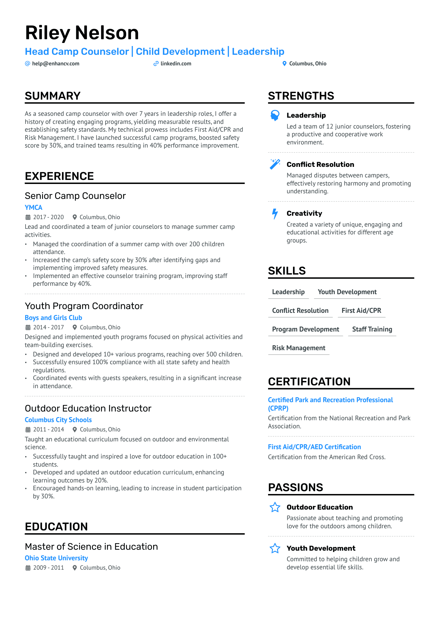 Head Camp Counselor Resume Example