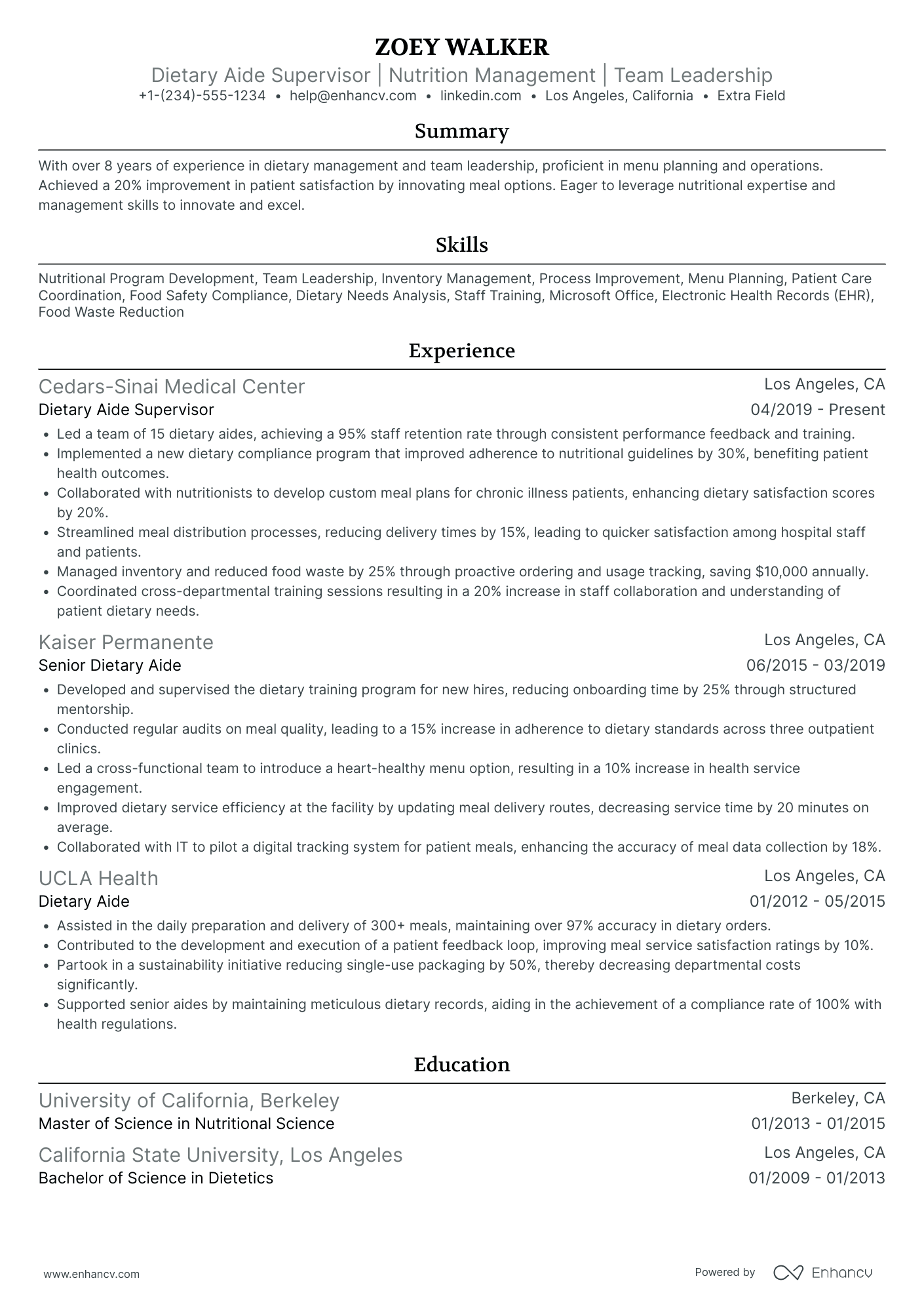 Dietary Aide Supervisor Resume Example