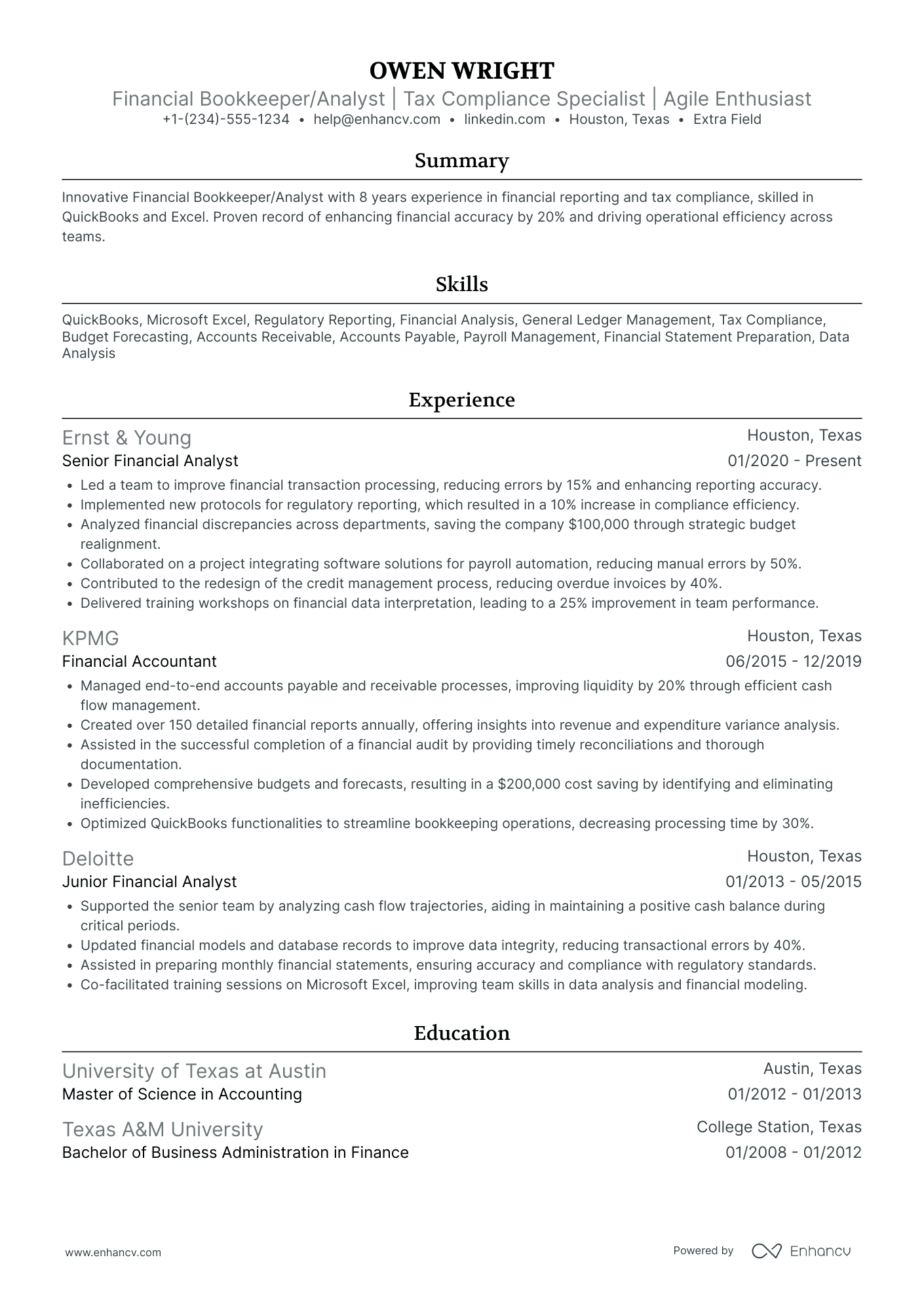 Bookkeeper Analyst Resume Example