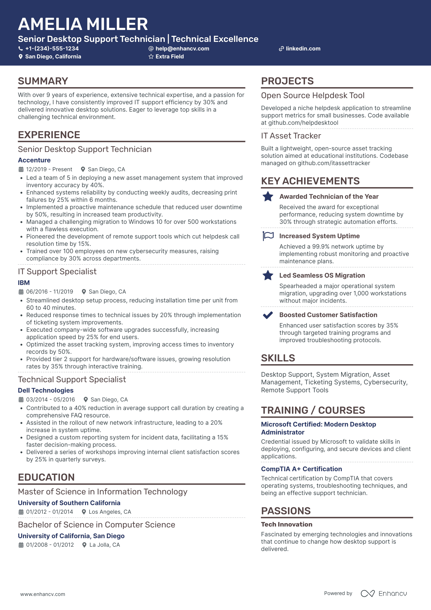 Senior Desktop Support Technician Resume Example