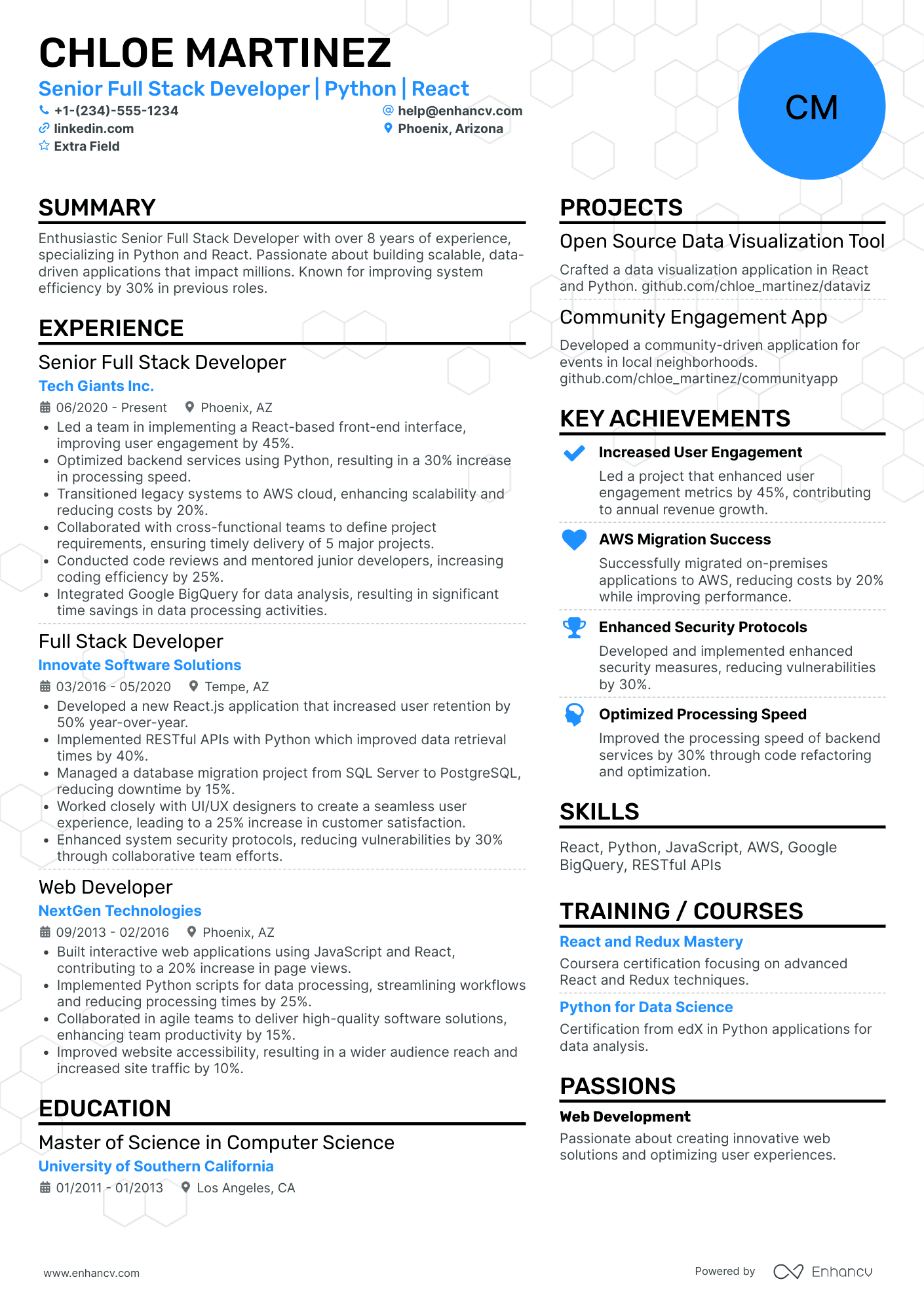 Senior React Full Stack Developer Resume Example