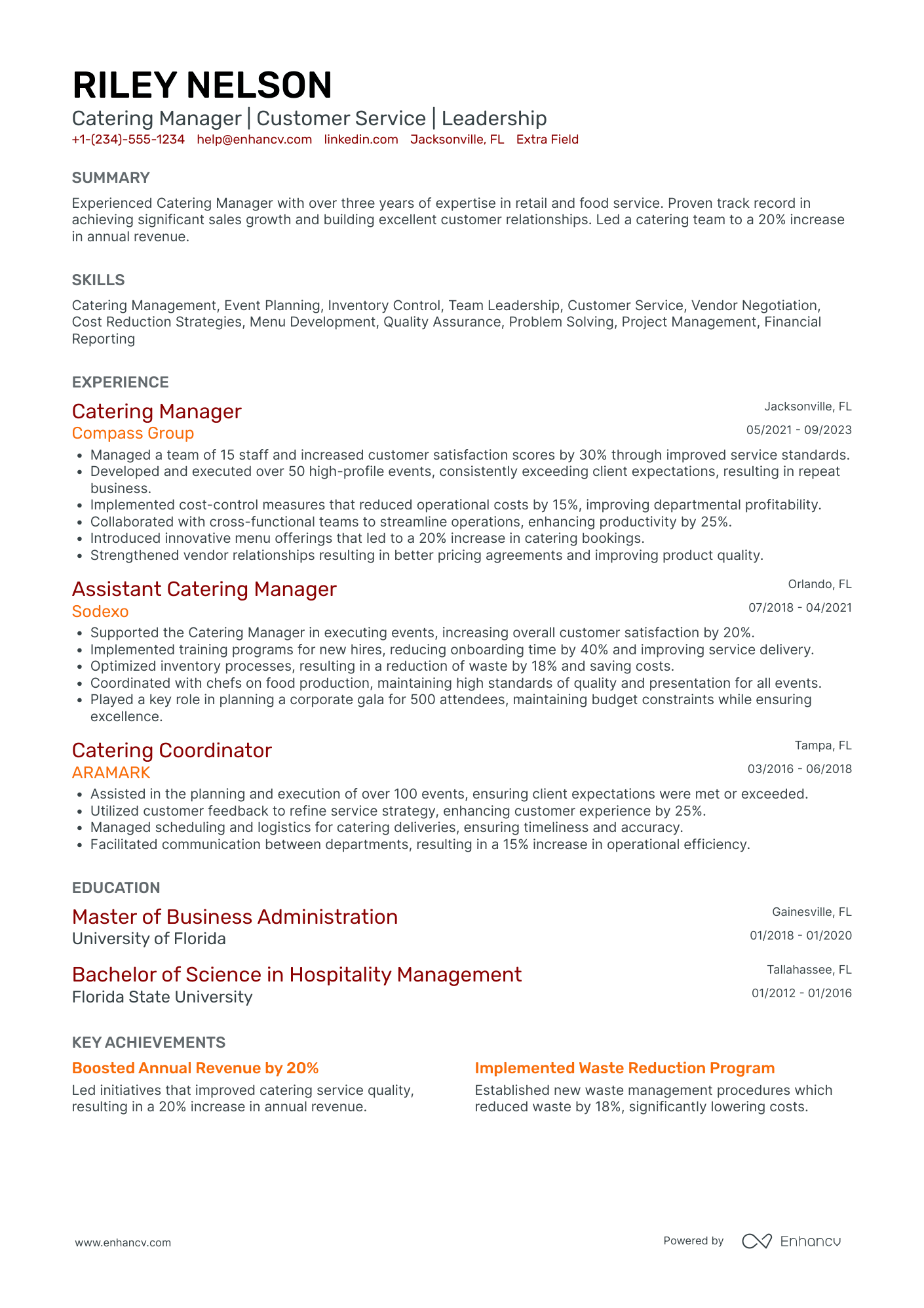 Catering Quality Control Manager Resume Example