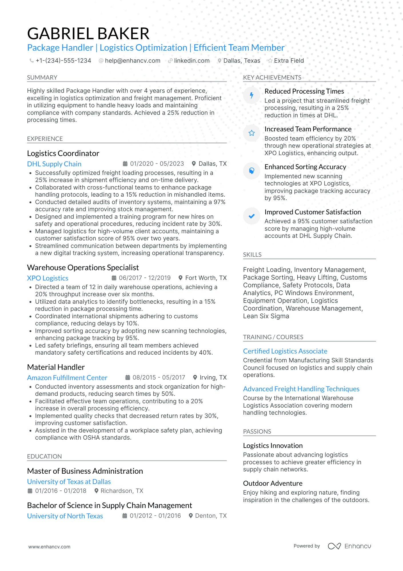 FedEx Package Handler Resume Example