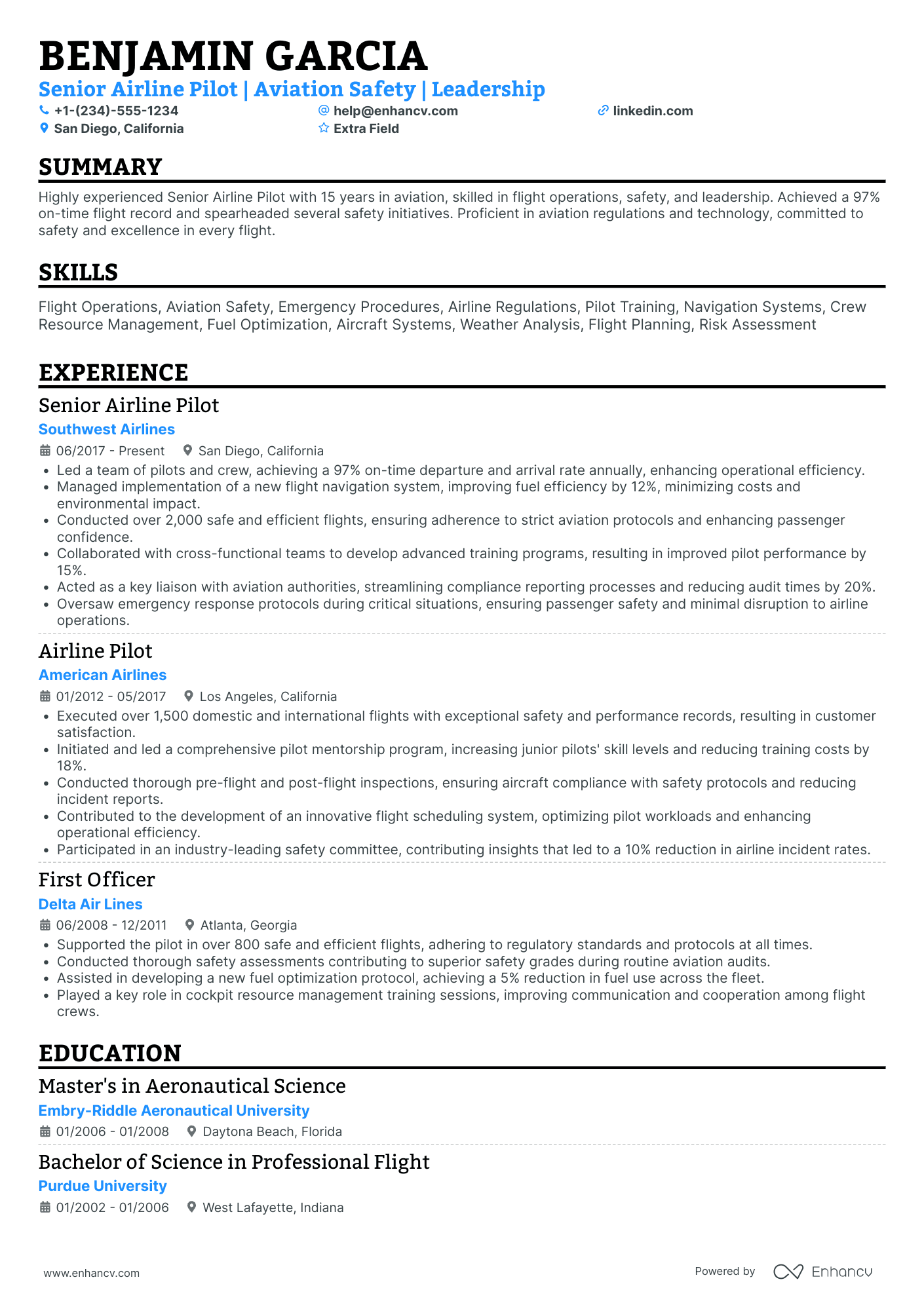 Senior Airline Pilot Resume Example