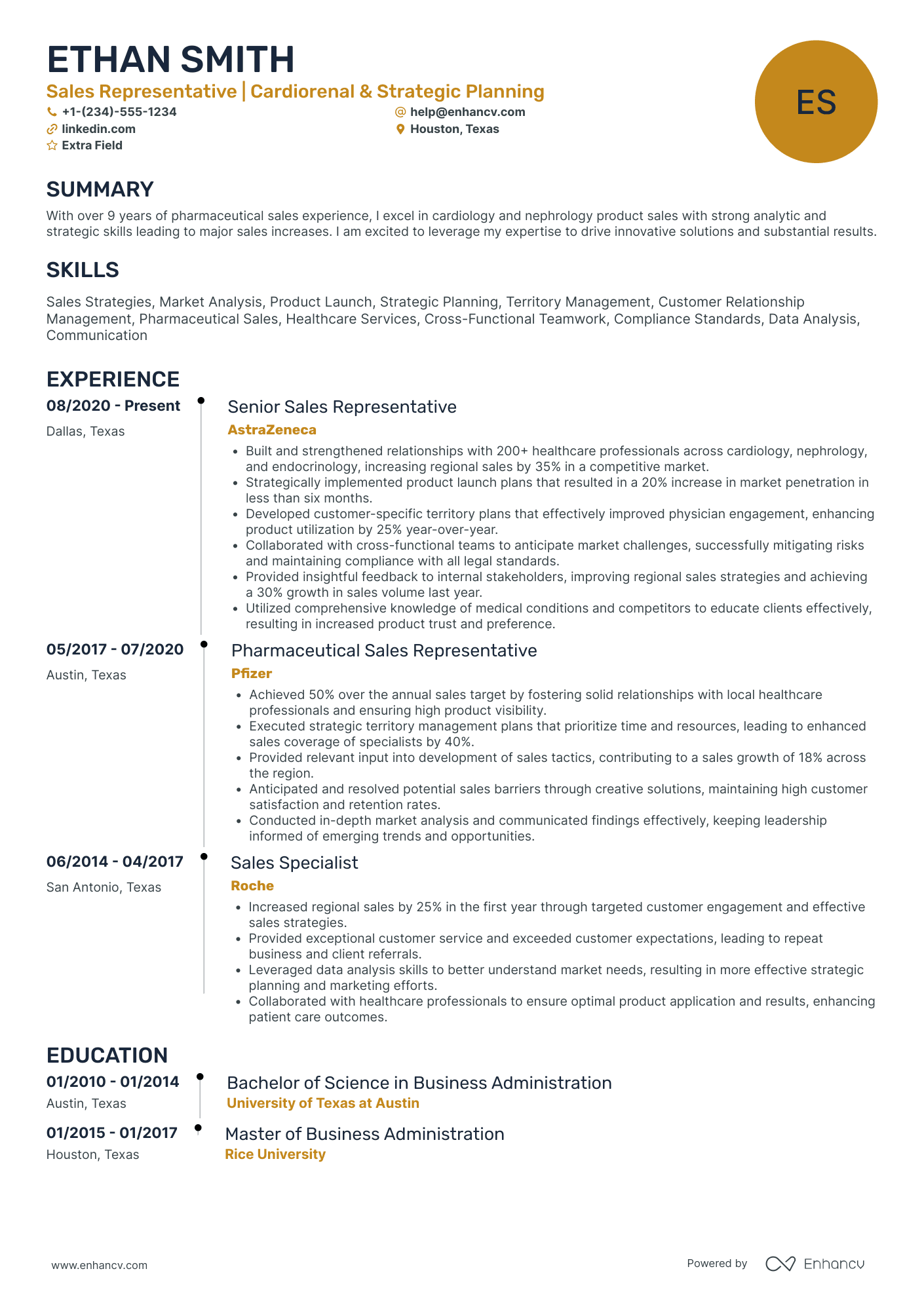 Pharmaceutical Medical Sales Representative Resume Example