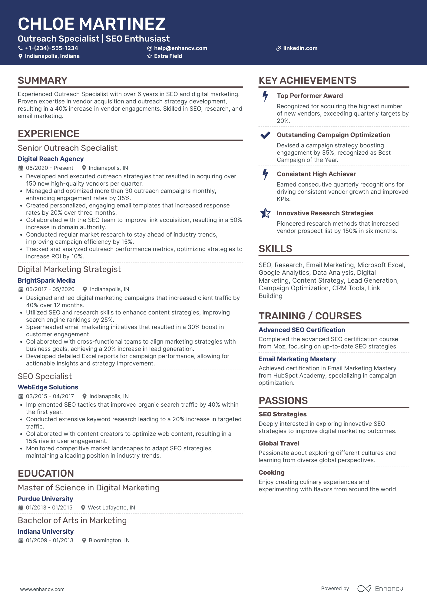 SEO Outreach Specialist Resume Example