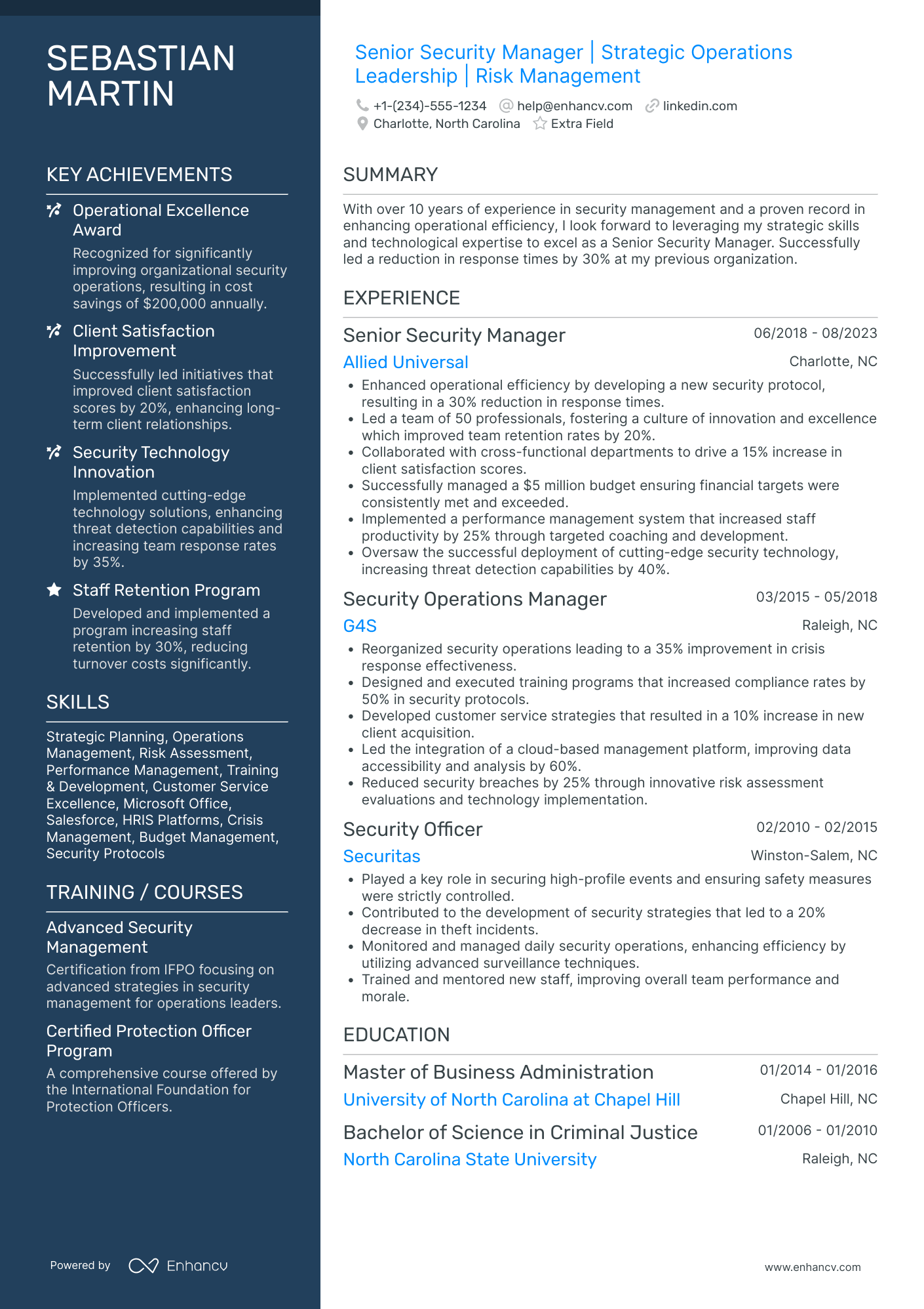 Senior Security Manager Resume Example