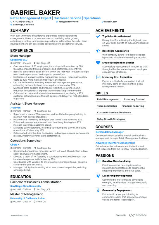 Convenience Store Manager Resume Example