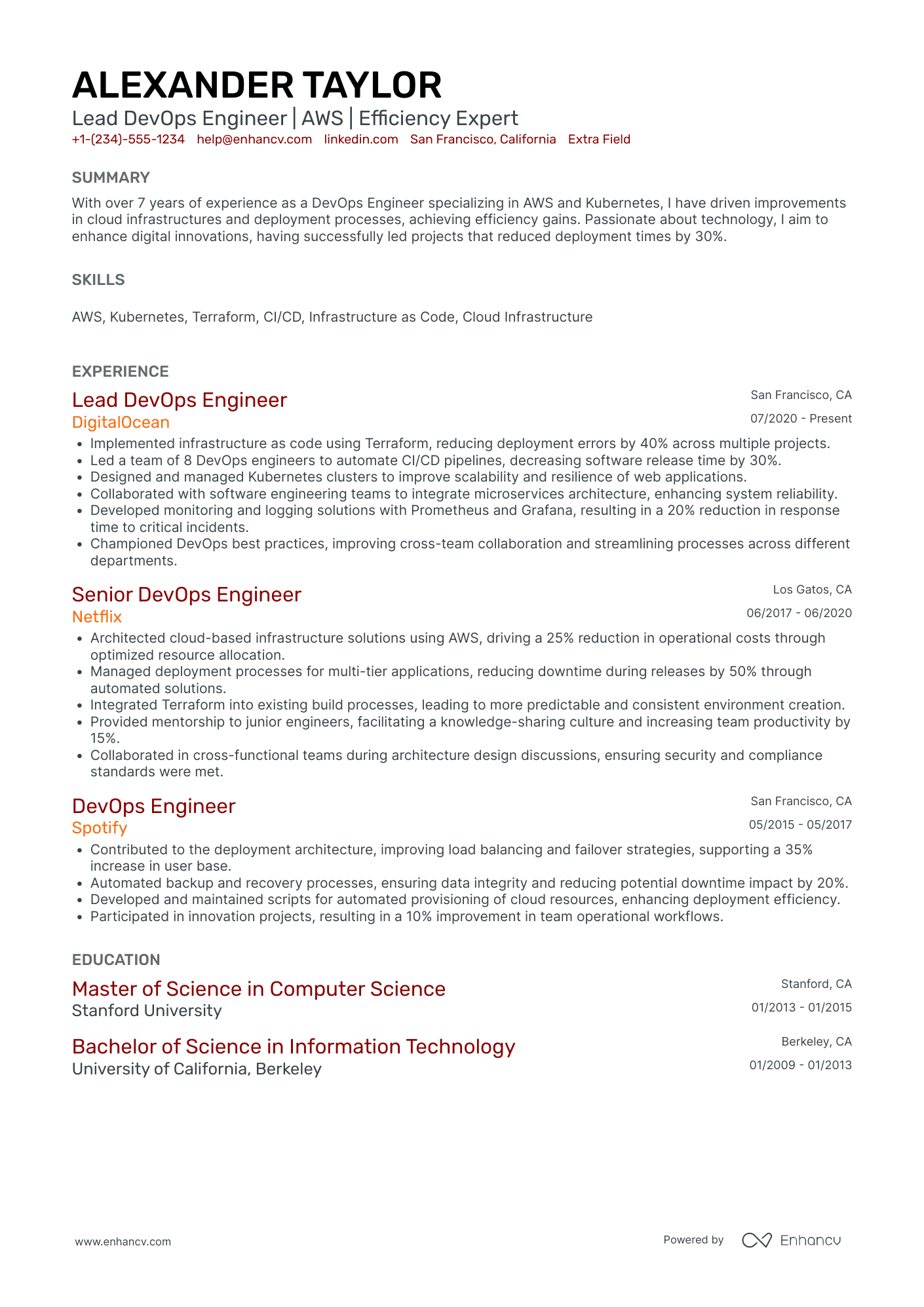 Lead Devops Engineer Resume Example