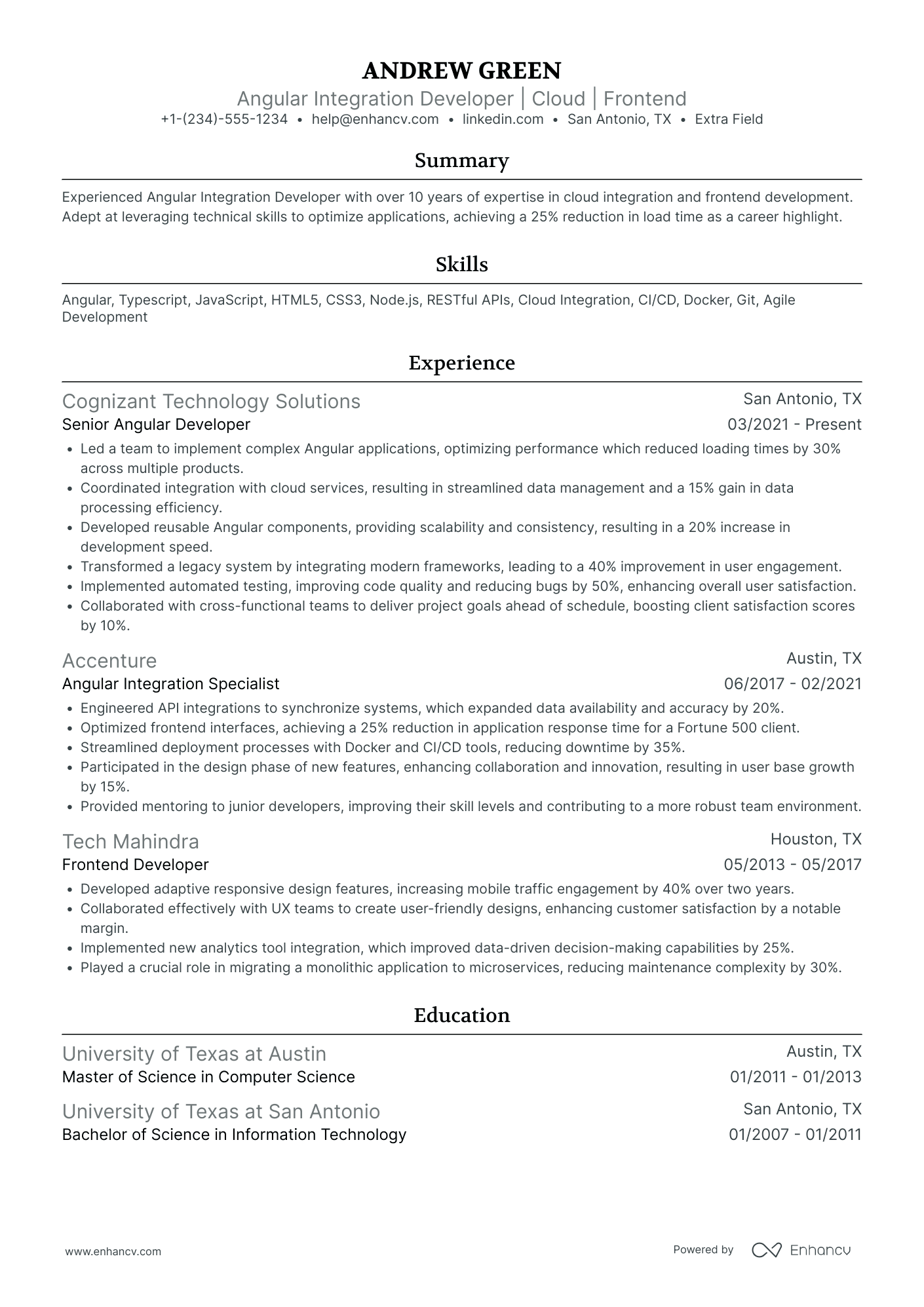 Angular Integration Developer Resume Example