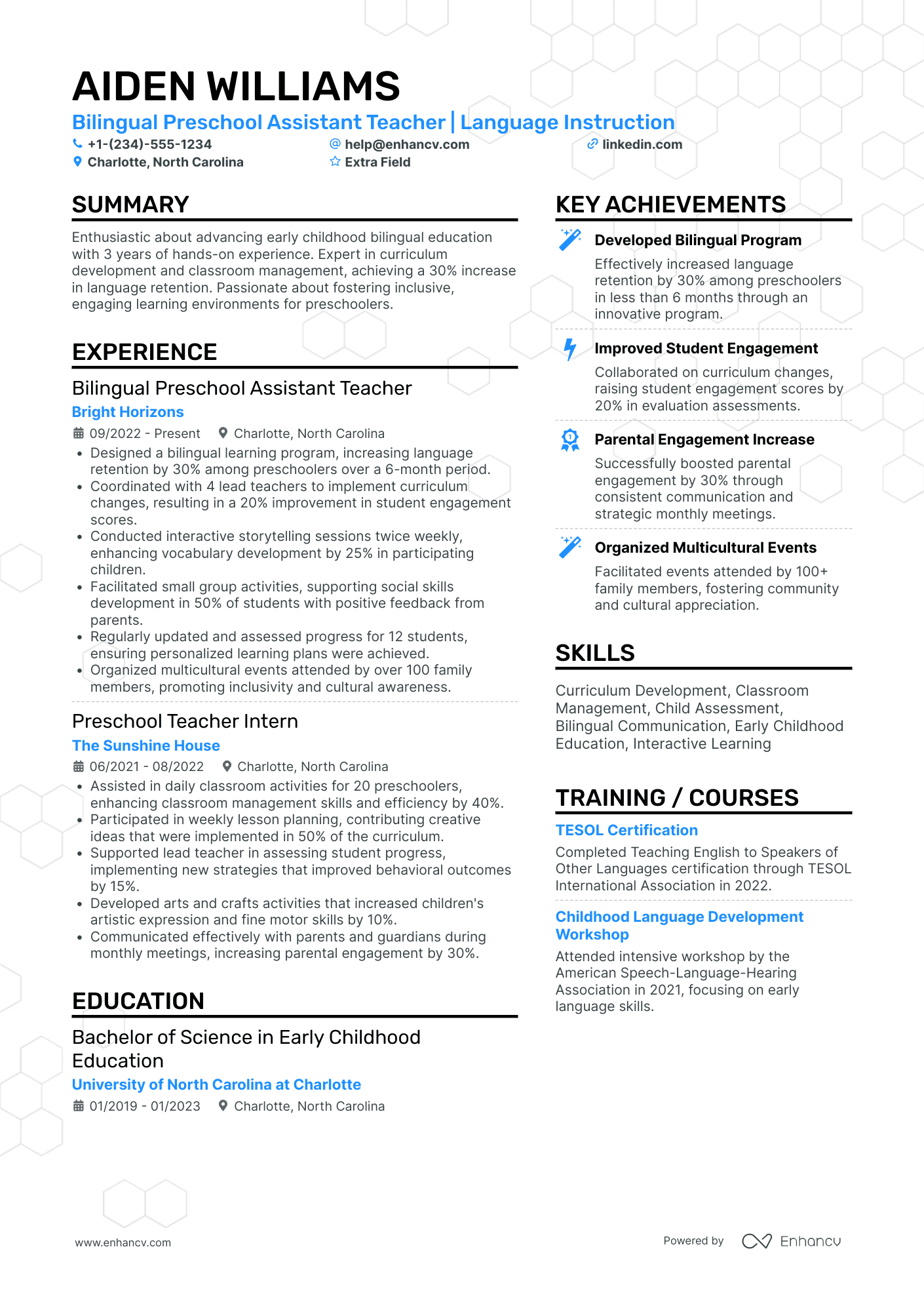 Bilingual Preschool Assistant Teacher Resume Example