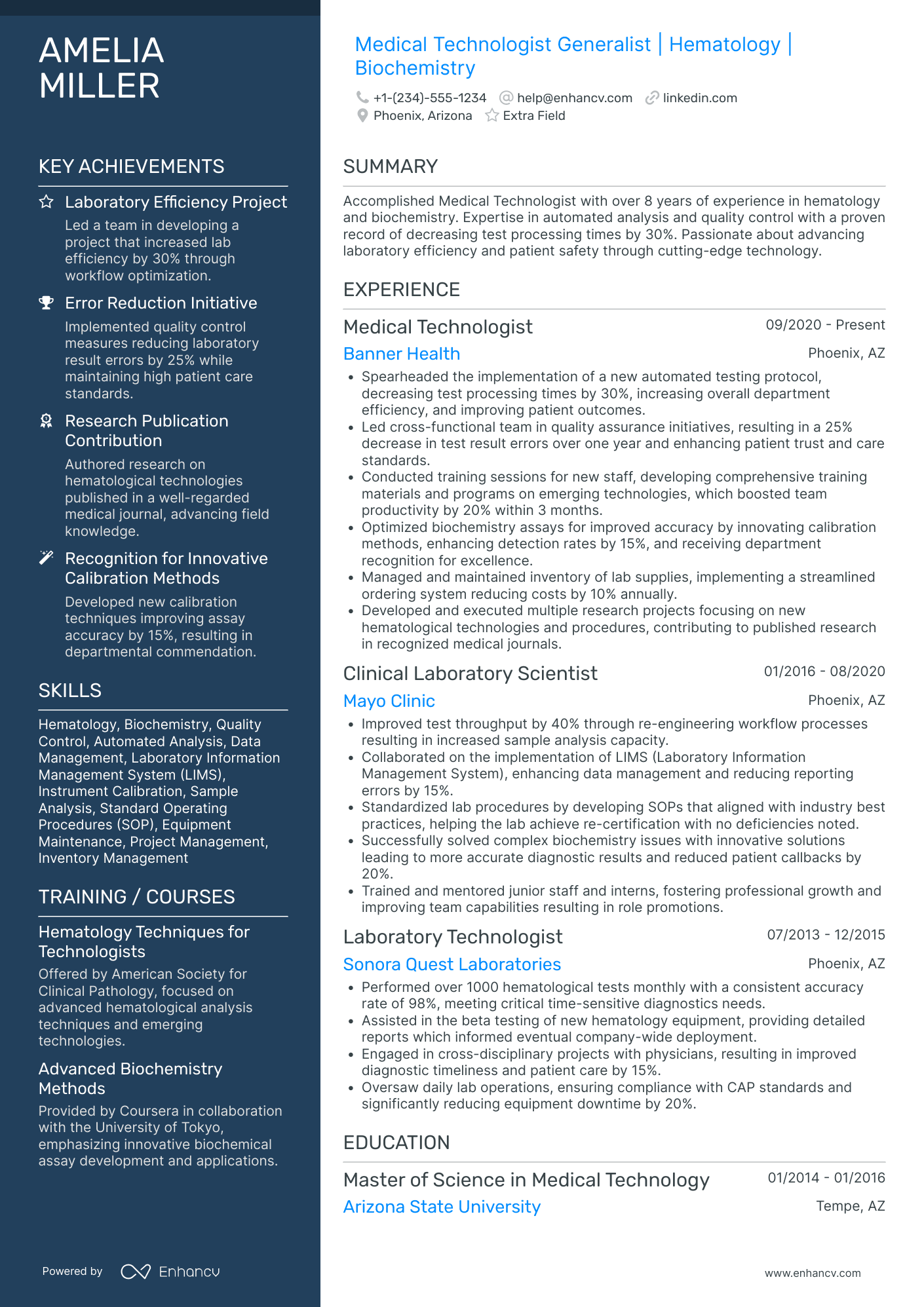 Medical Technologist Generalist Resume Example