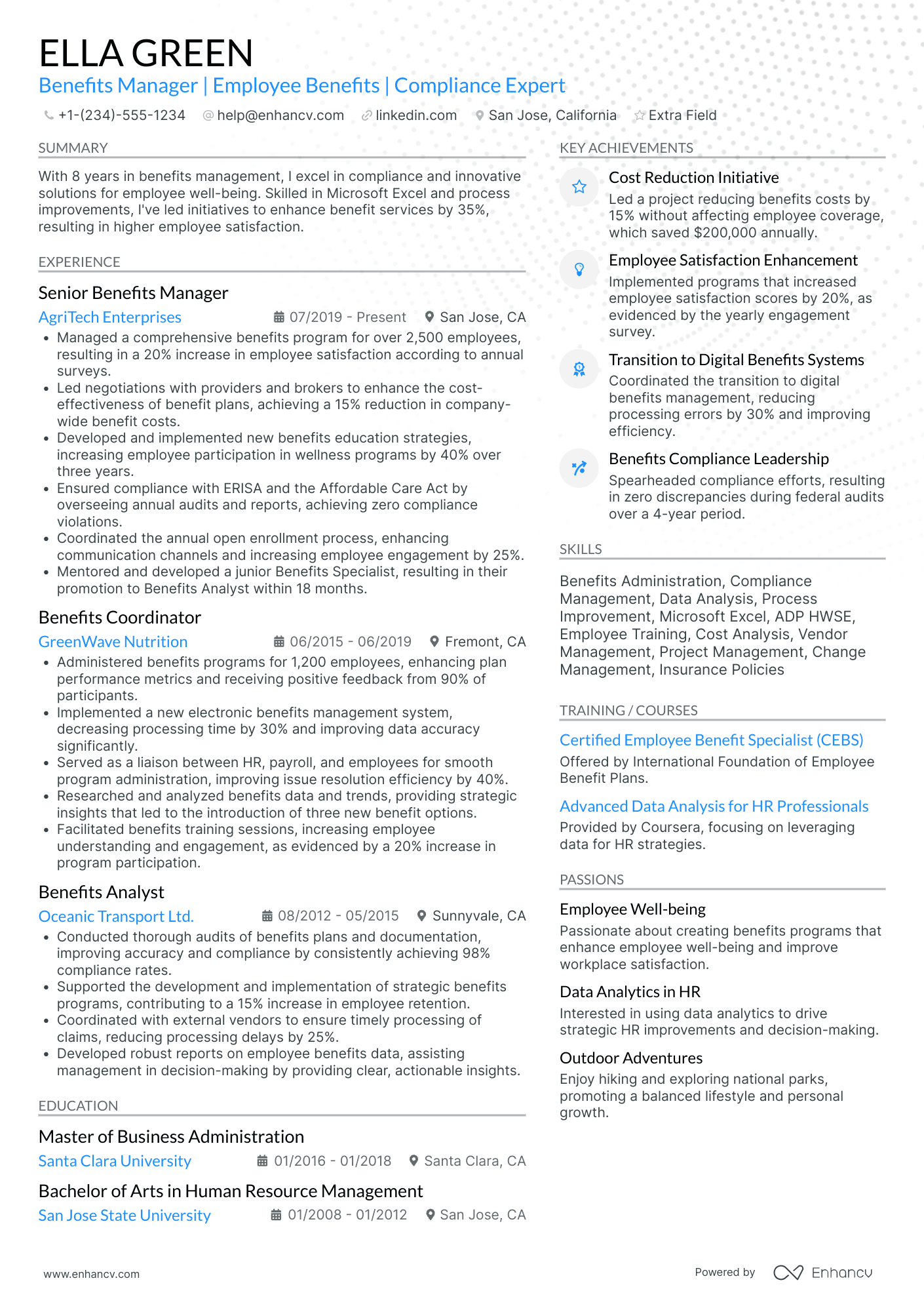 Corporate Benefits Manager Resume Example