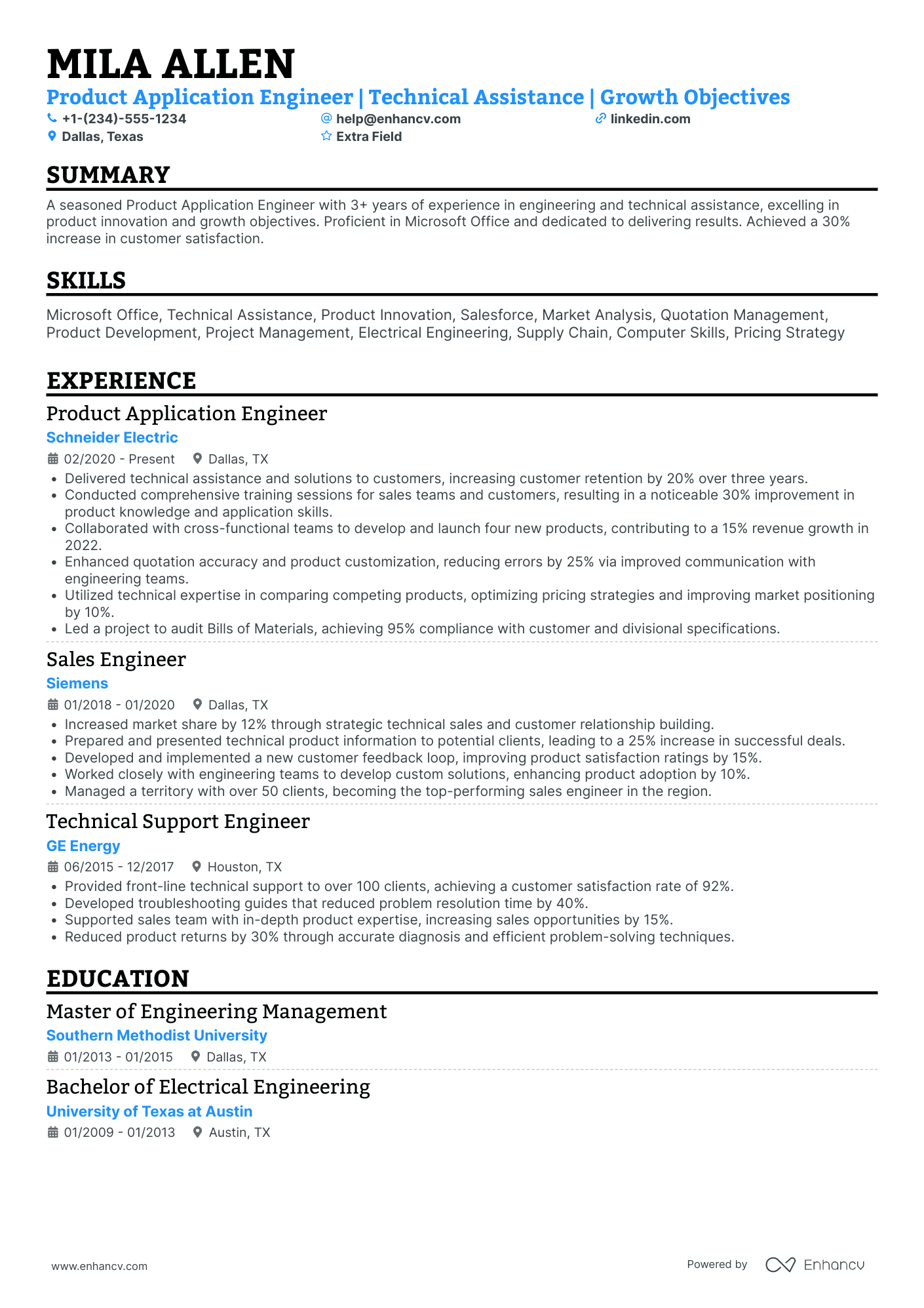 Product Application Engineer Resume Example