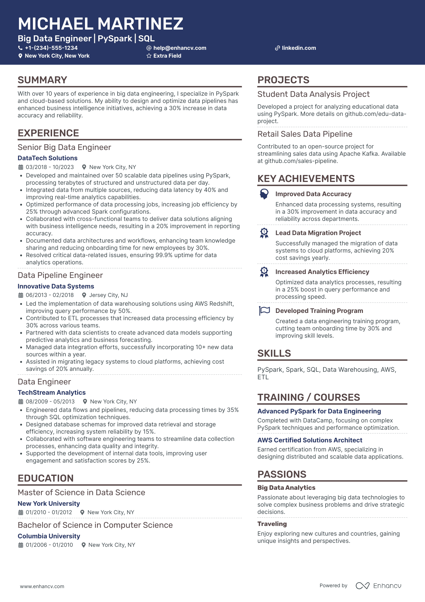 Big Data Pipeline Engineer Resume Example