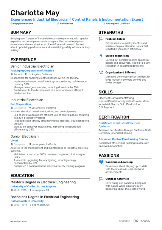 Industrial Electrician Resume Example