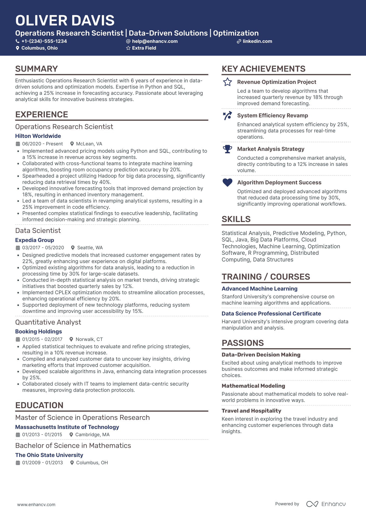 Operations Research Scientist Resume Example