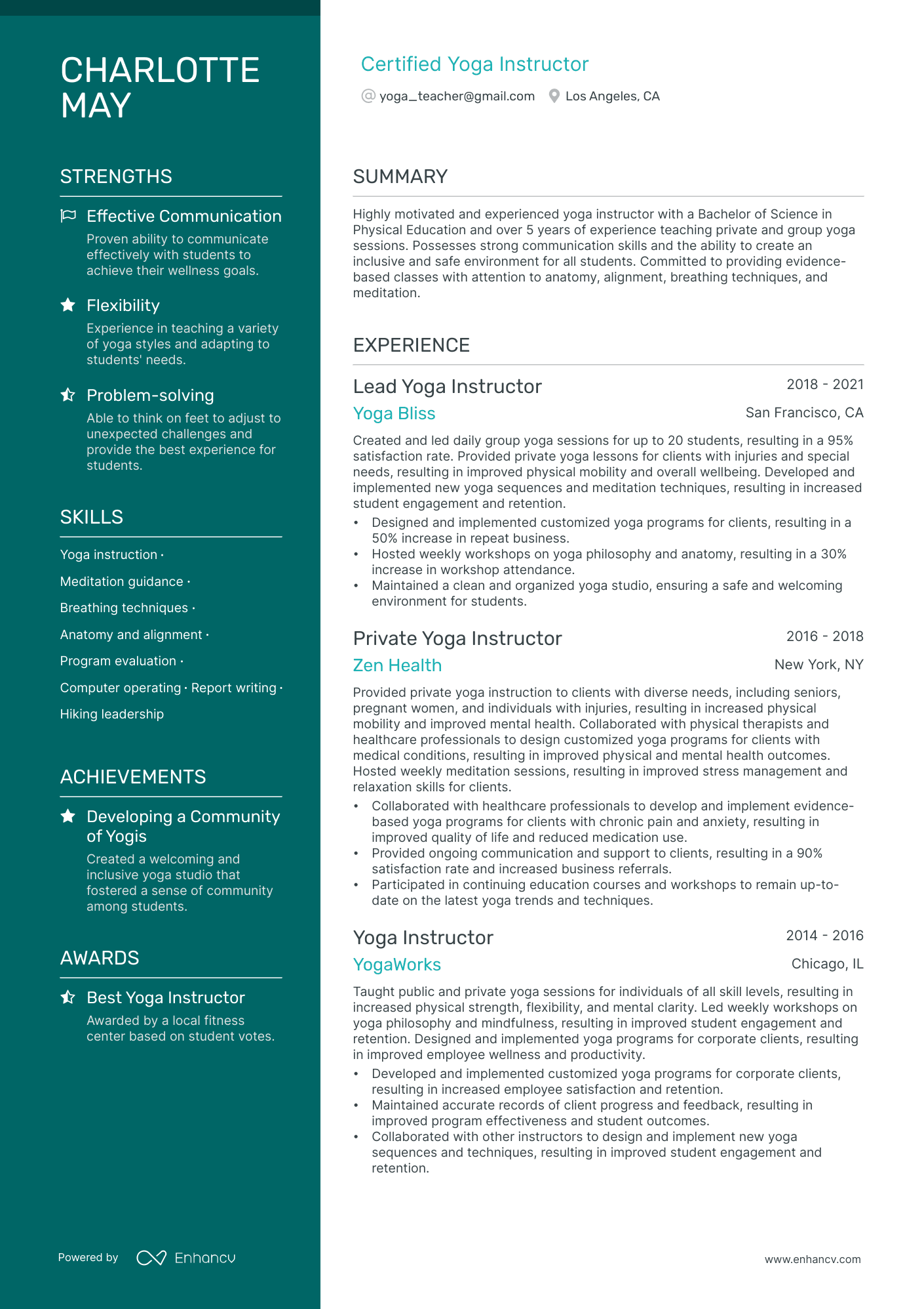 Yoga Teacher Resume Example