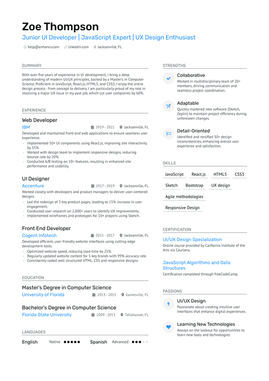 Junior UI Developer Resume Example
