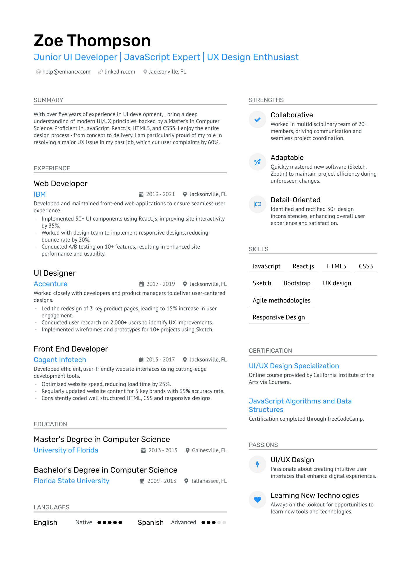 Junior UI Developer Resume Example
