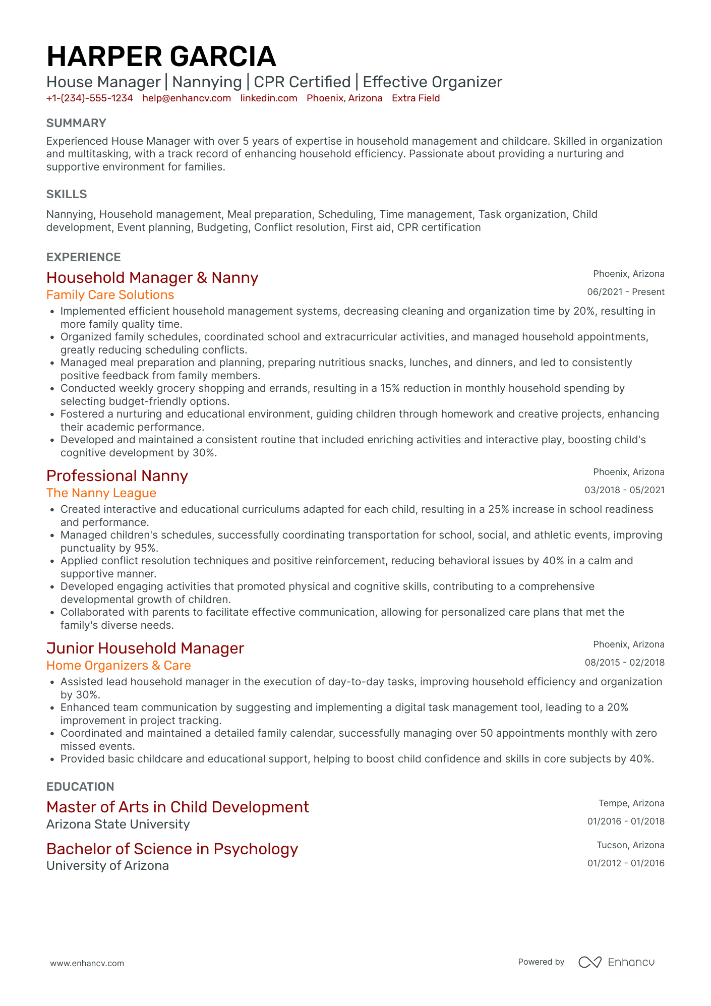 Senior House Manager Resume Example