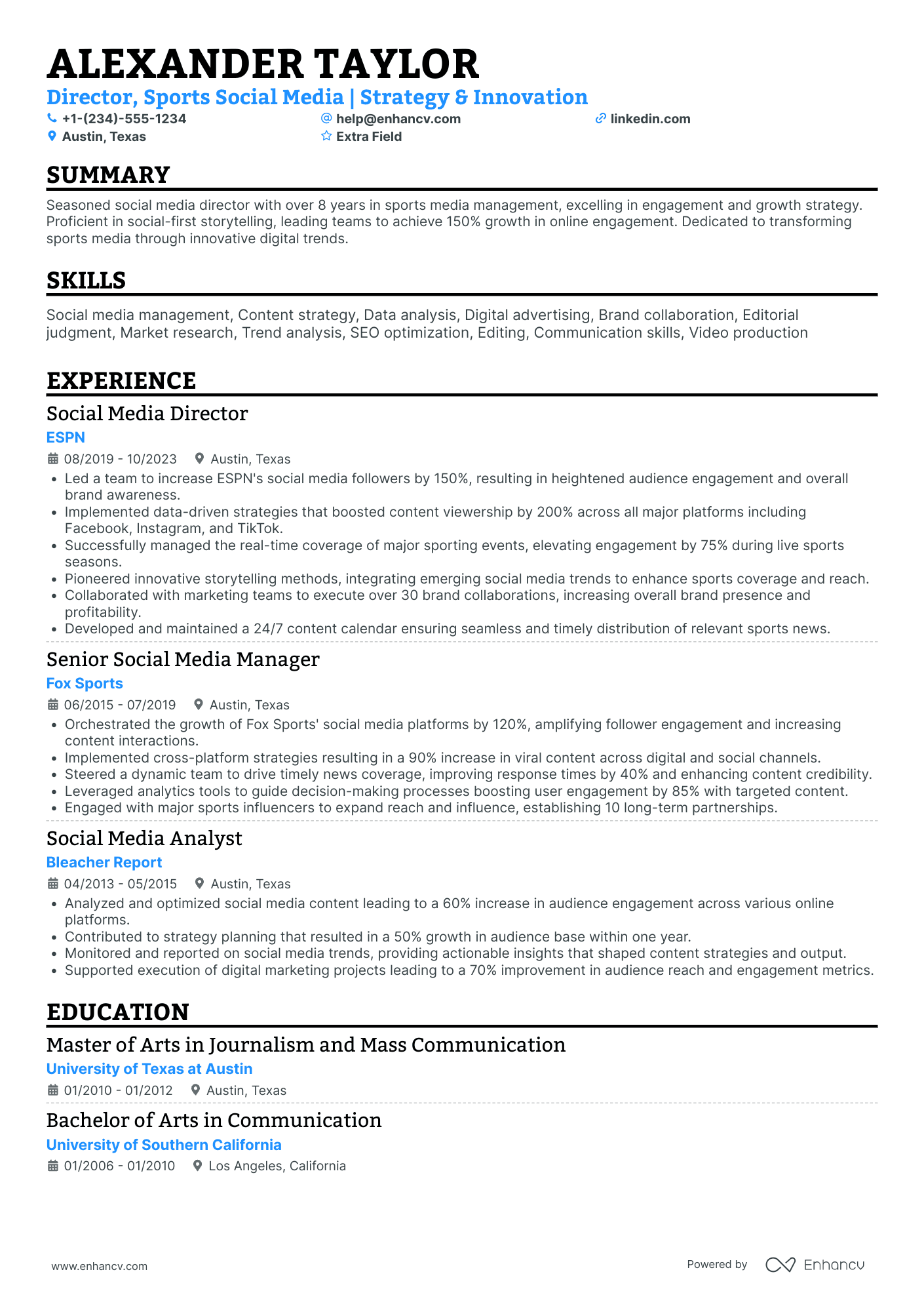 Sports Social Media Manager Resume Example