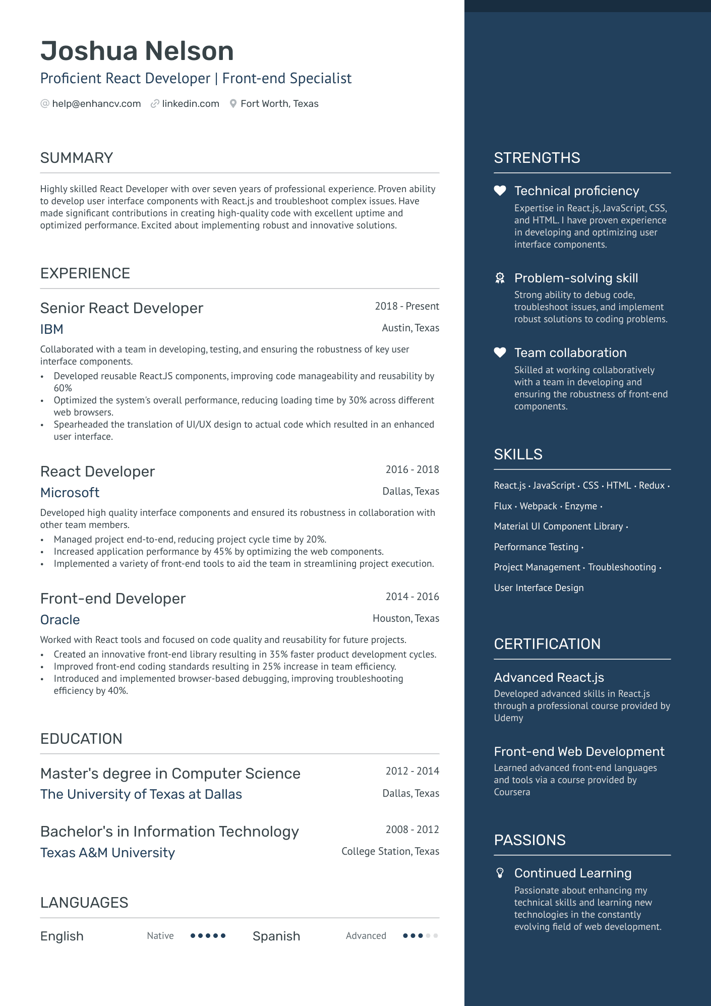 React JS Developer Resume Example