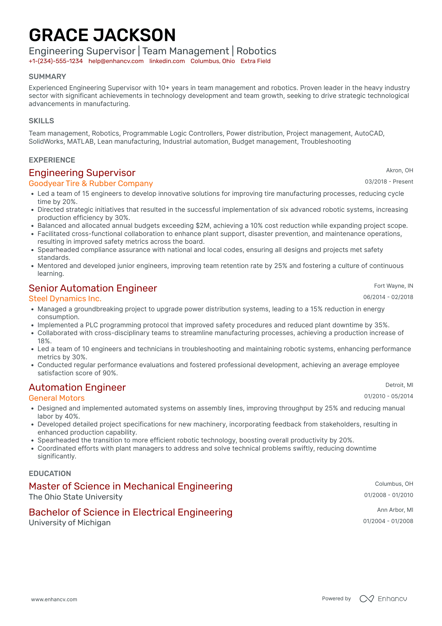 Electrical Engineering Supervisor Resume Example