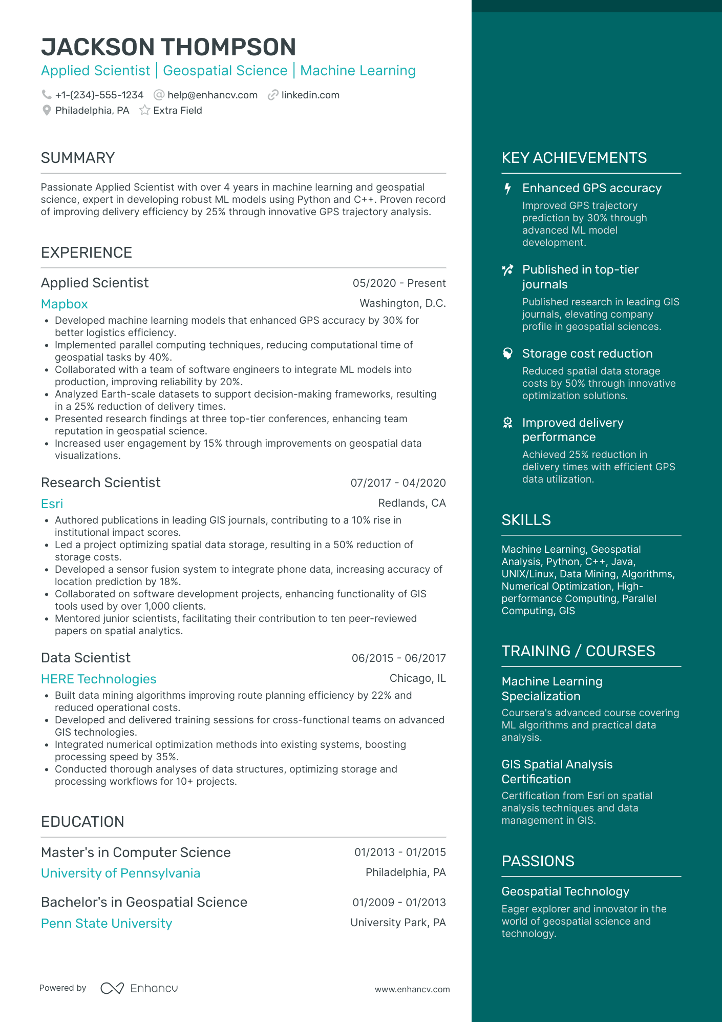 Geospatial Scientist Resume Example