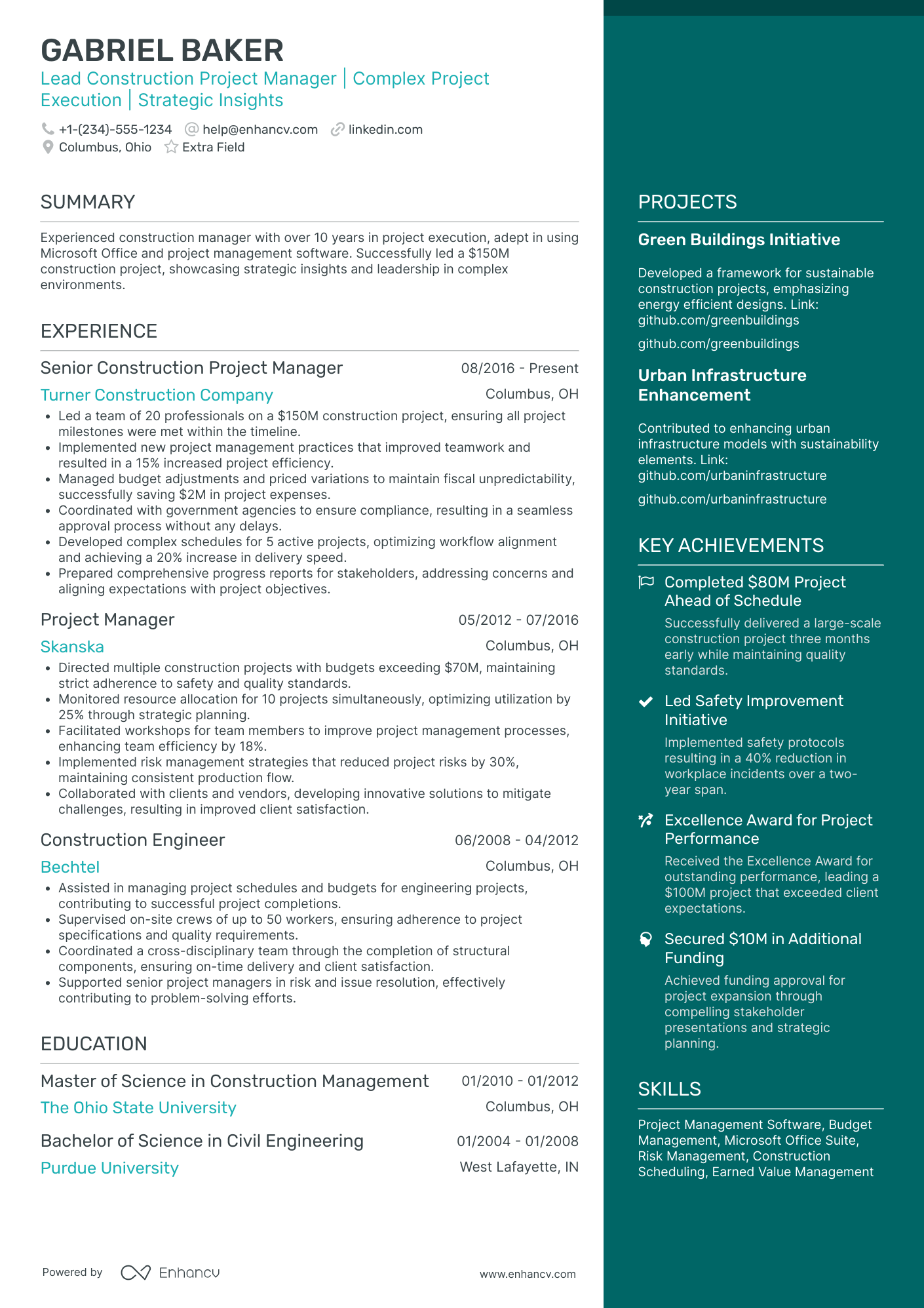 Lead Construction Project Manager Resume Example