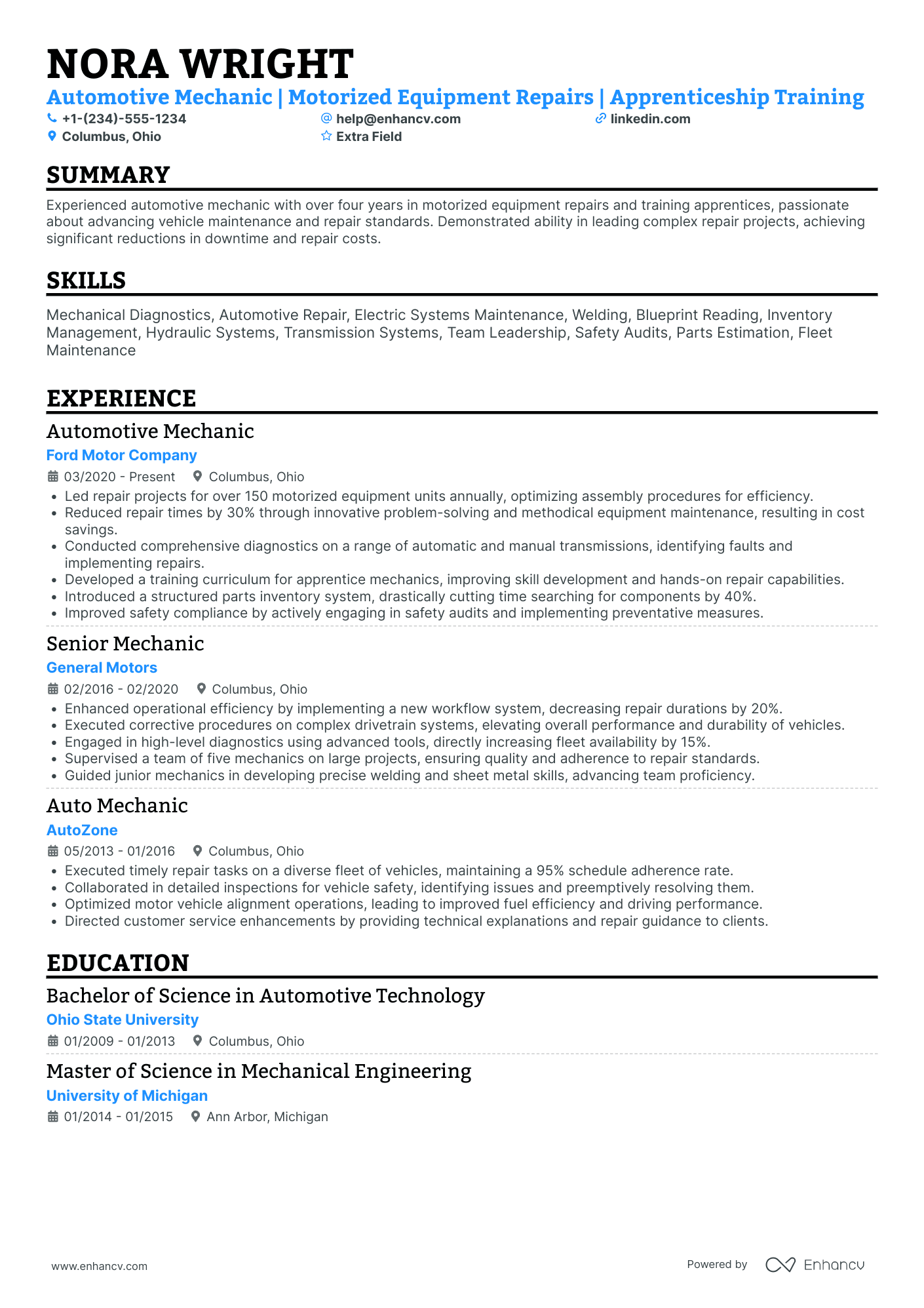 Automotive Maintenance Technician Resume Example