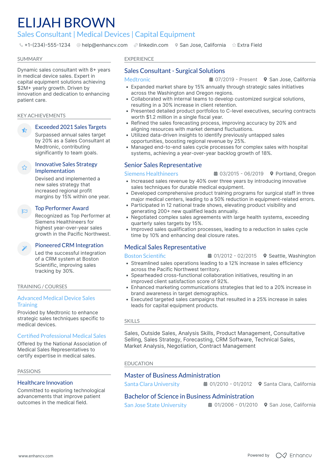 Senior Medical Sales Consultant Resume Example