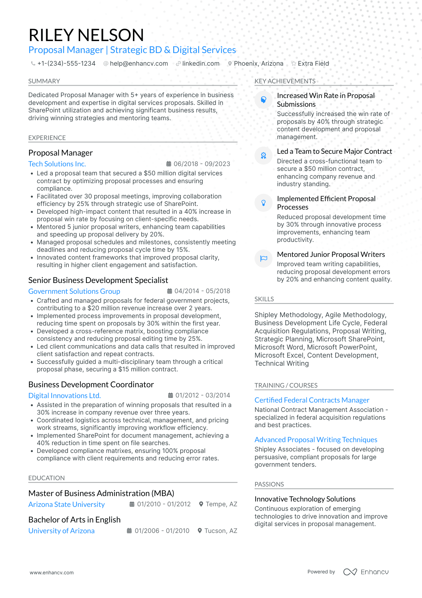 Bid Proposal Manager Resume Example