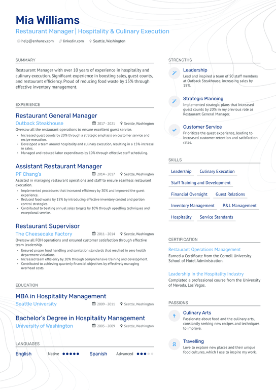 Pizza Restaurant Manager Resume Example