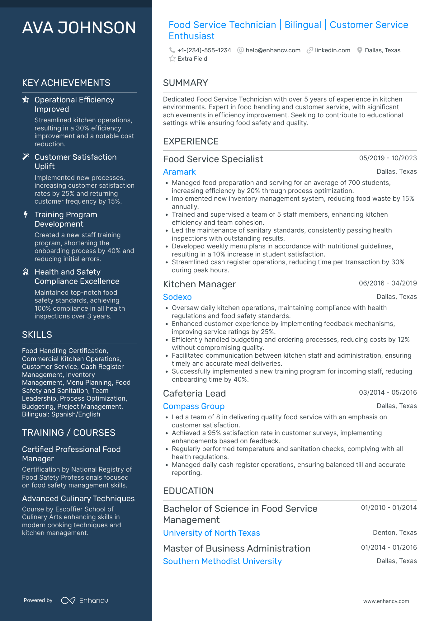 Food Service Technician Resume Example