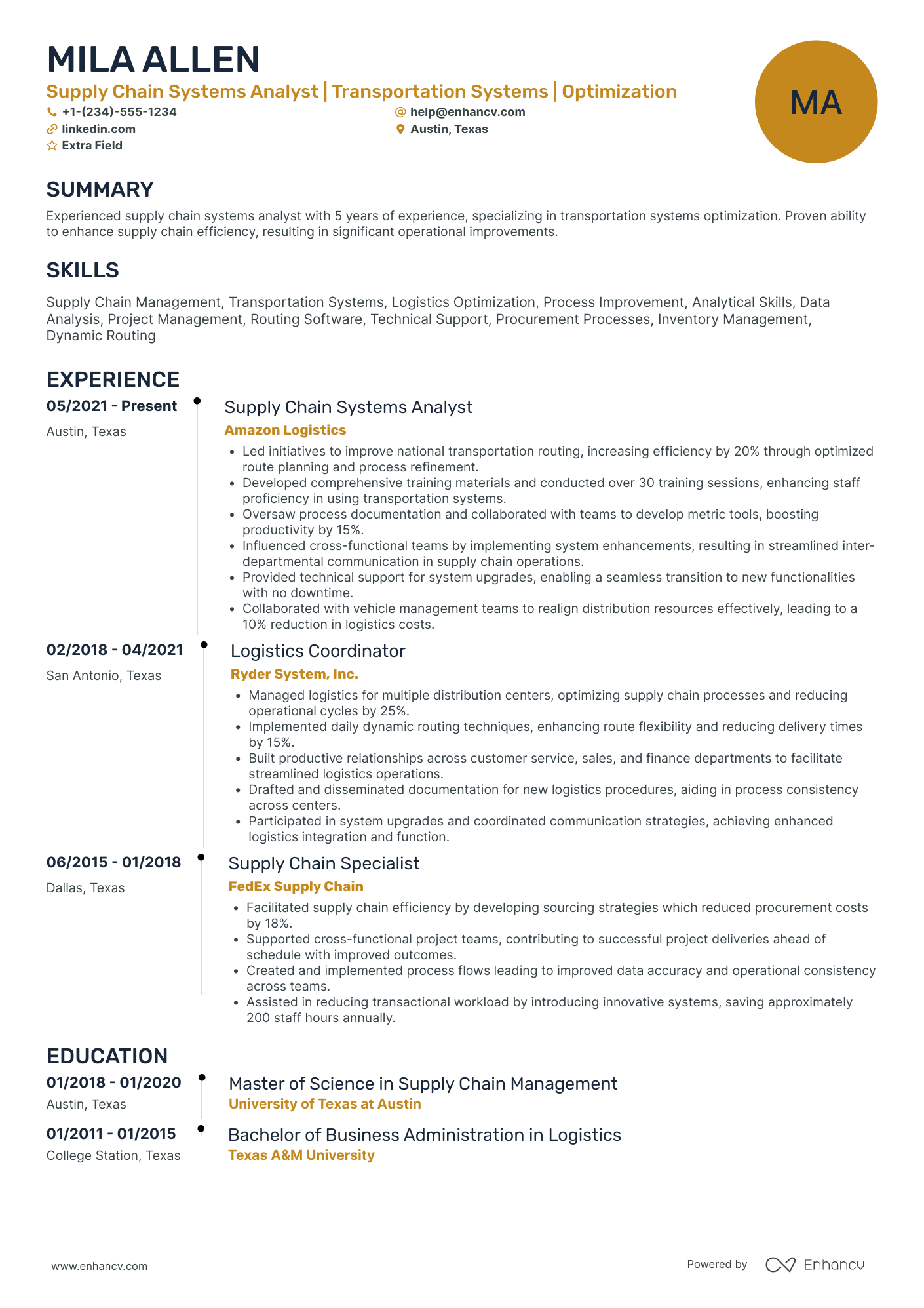 Supply Chain Systems Analyst Resume Example