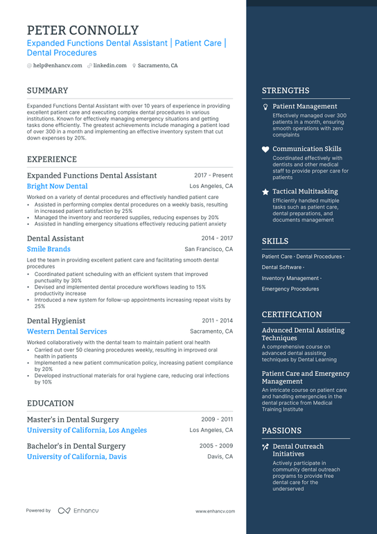 Expanded Functions Dental Assistant Resume Example